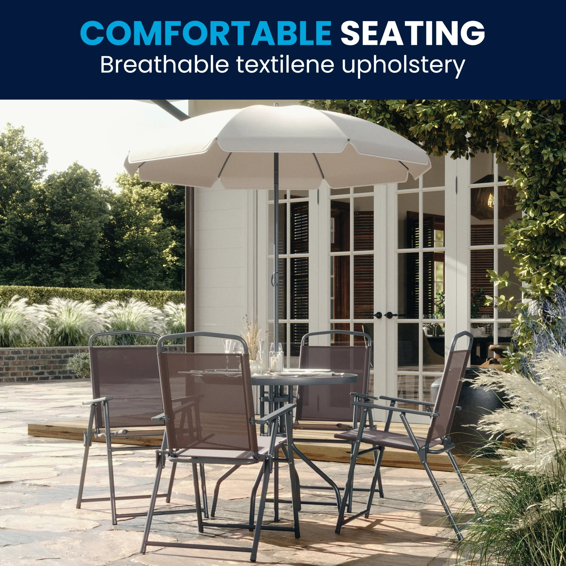 Flash Furniture Nantucket 6 Piece Black Patio Garden Set with Umbrella Table and Set of 4 Folding Chairs