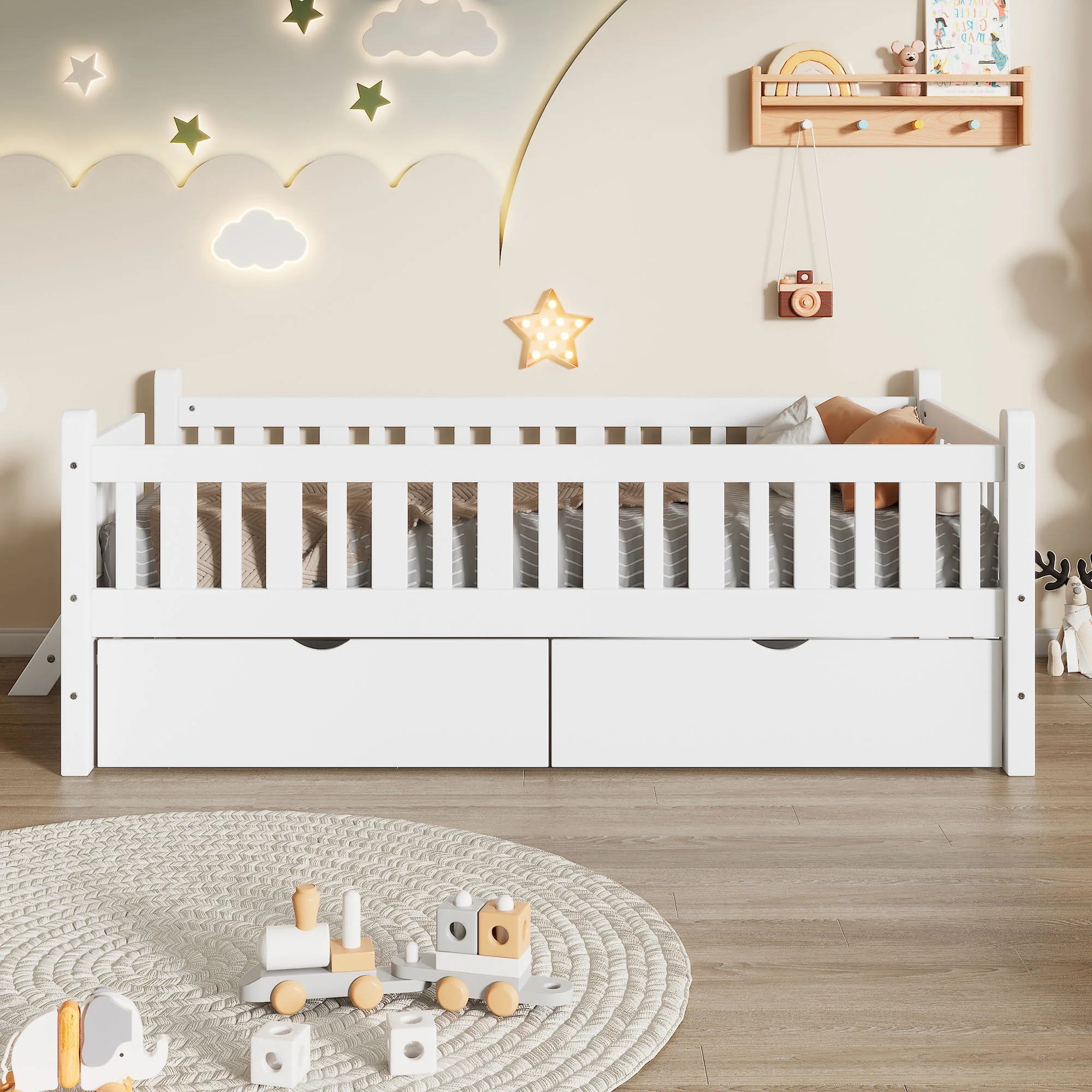 Wood Twin Size Platform Bed with 2 Drawers and Ladder for Kids and Toddlers, White(White) - Image 2