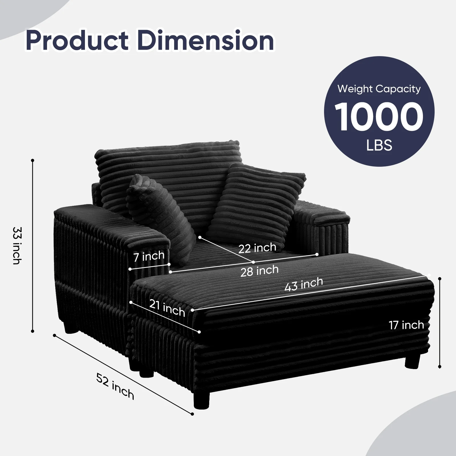 44" Modern Corduroy Accent Armchair with Storage Ottoman for Living Room, Black(Black) - Image 2