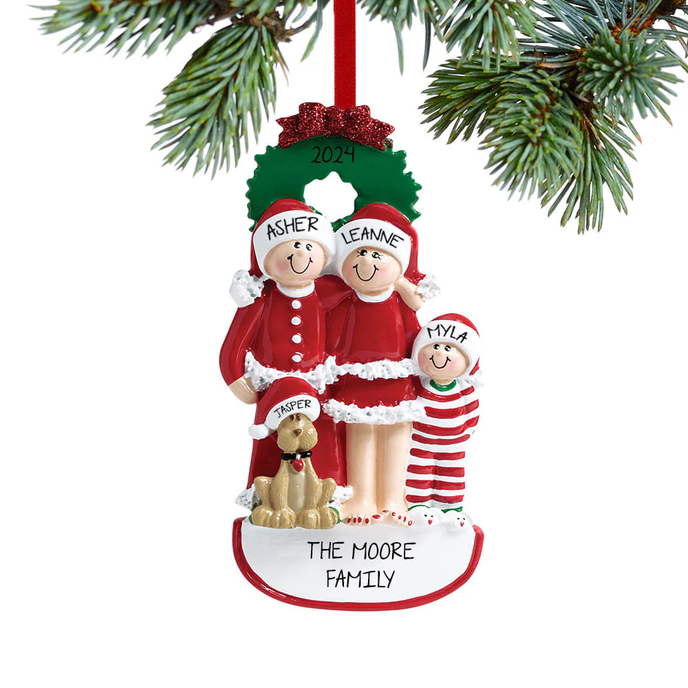 Christmas Eve Family with Dog Personalized Ornament - 3, 4, 5, 6 Family Members