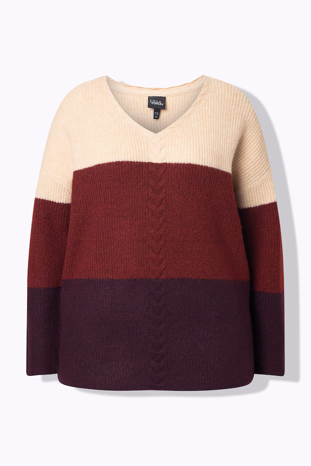 Cable Knit Block Stripe V-Neck Sweater
