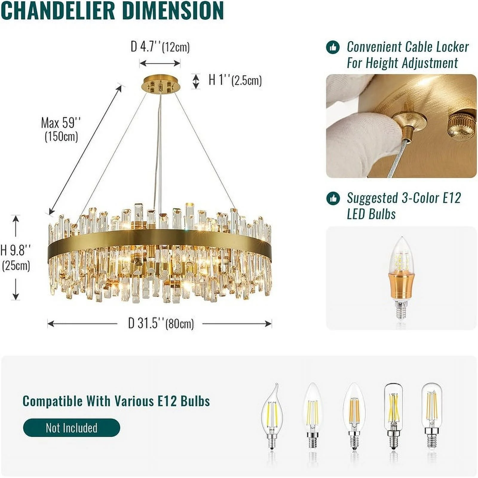 32 in. Brass Modern Crystal Chandelier 2-Tier Gold Glam Chandelier Luxury Kitchen Island Pendant Light for Living Dining Room