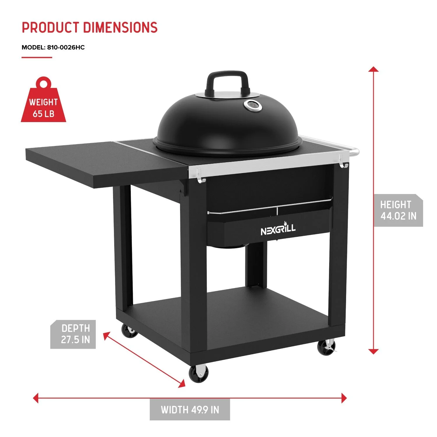 22" Charcoal Grill with Table Cart and Side Table, 358 SQ In Grate, Adjustable Air Vents, Integrated Temperature Gauge, Mobile Cart Barbecue Grill for Camping, Picnics, and More 810-0026HC(Charcoal Kettle Grill with Table Cart) - Image 5
