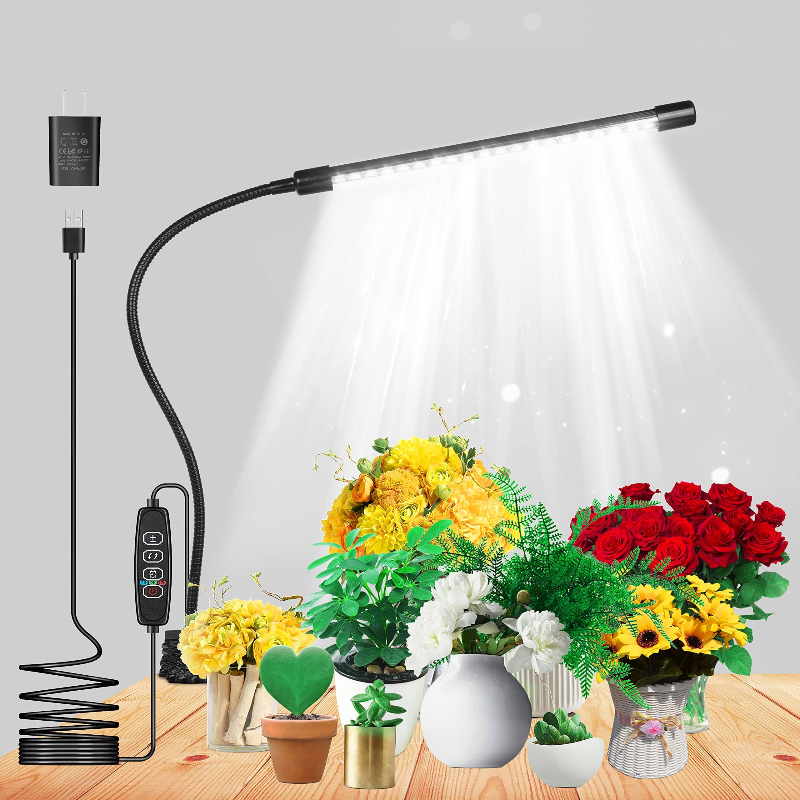 LONSRIVE Grow Lights for Indoor Plants Growing, 6500K White LED Grow Lamp, 9 Dimmable Settings for Indoor Plants with White Spectrum, Adjustable Gooseneck, 3