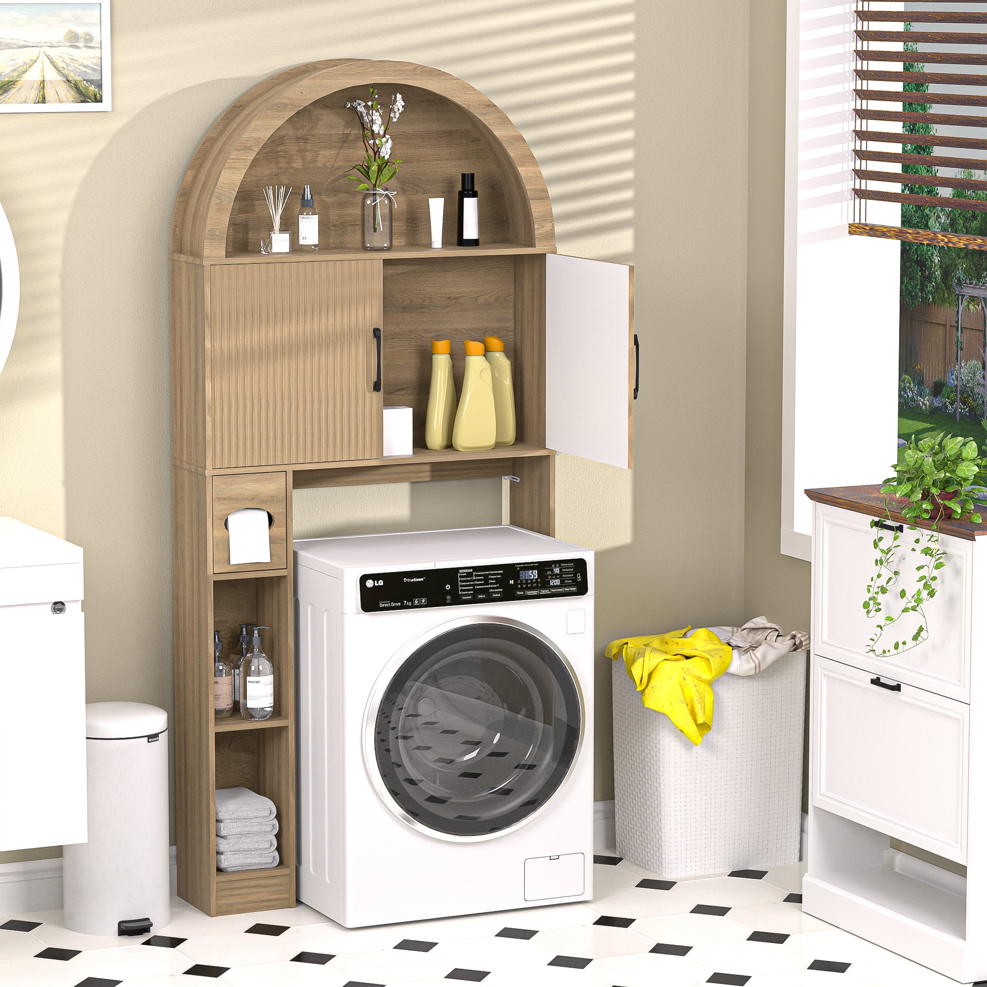 HARIPUL Over the Toilet Storage Cabinet W/ Unique Wood Grain & Arc Design, Freestanding Bathroom Shelf Organizer Space Saver W/ Doors & Anti - Tip Device, Wood Color