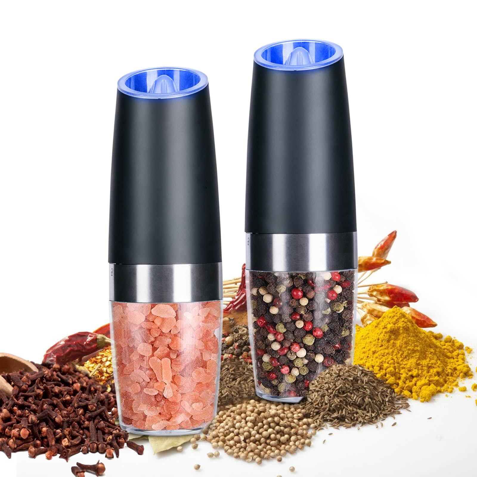 Alicedreamsky 2 Pack Gravity Electric Salt and Pepper Grinder Set Automatic Battery Powered Salt Mill, Adjustable Coarseness, with Blue LED Light, One