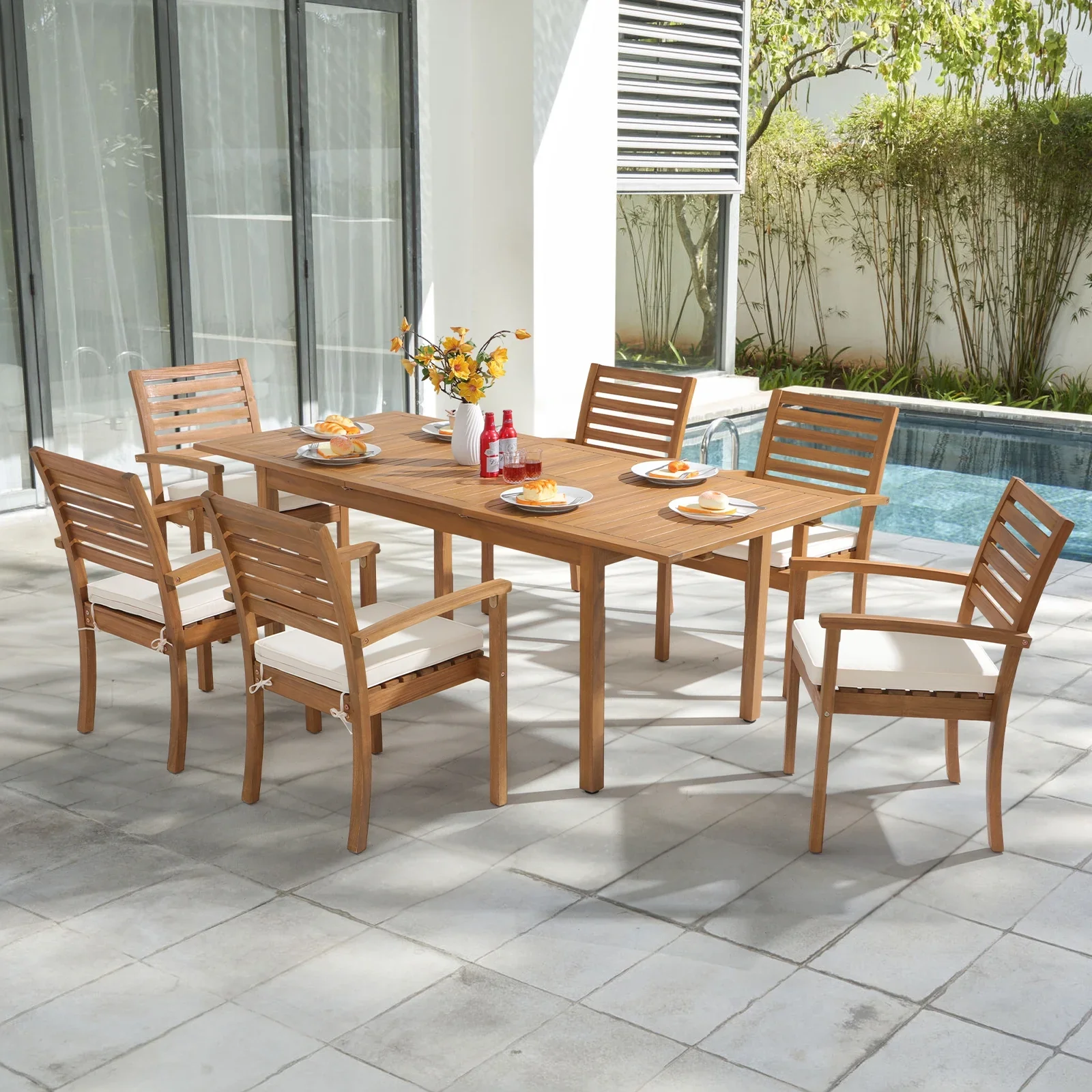 7 Piece Patio Dining Set, Outdoor Acacia Wood Furniture Set, Extendable Rectangular Table and 6 Stackable chairs w/Removeable Fabric Cushion, FSC Certified, for Deck Garden Backyard