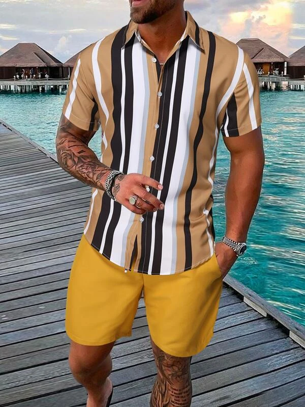 Ensemble chemise à manches courtes à imprimé hawaïen pour homme Suitmens 022