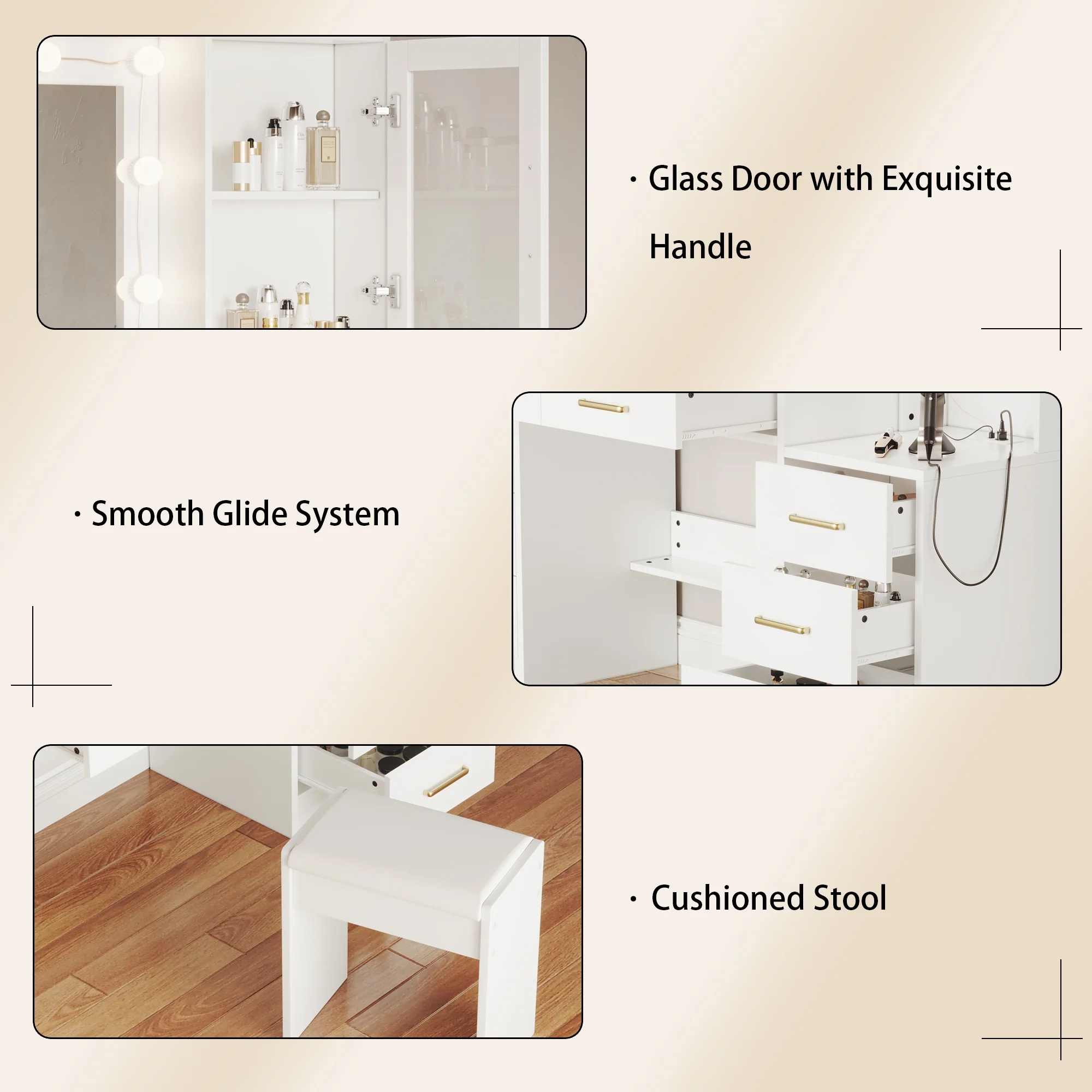 58.3" White Vanity Desk with Mirror, Adjustable Lighting, Power Outlet, Drawers, with Stool(58.3 Inch White) - Image 6