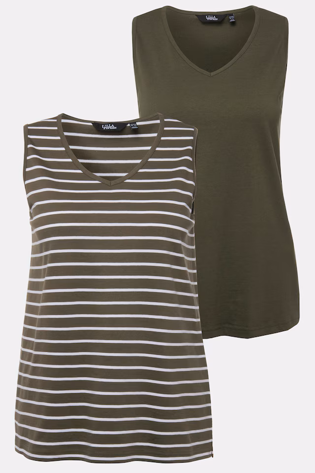 2 Pack of V-Neck Cotton Knit Tanks - Stripe, Solid