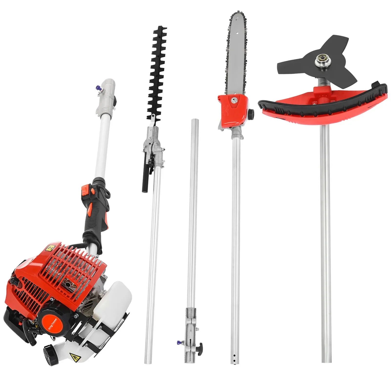 WETS 5 in 1 Garden Hedge Trimmer Combo,  52cc 2-Stroke Gas Powered Long Reach Pole Saw Grass String Trimmer Brush Tree Cutter Pruner Weed Eater Multi Functional Garden Trimming Tools