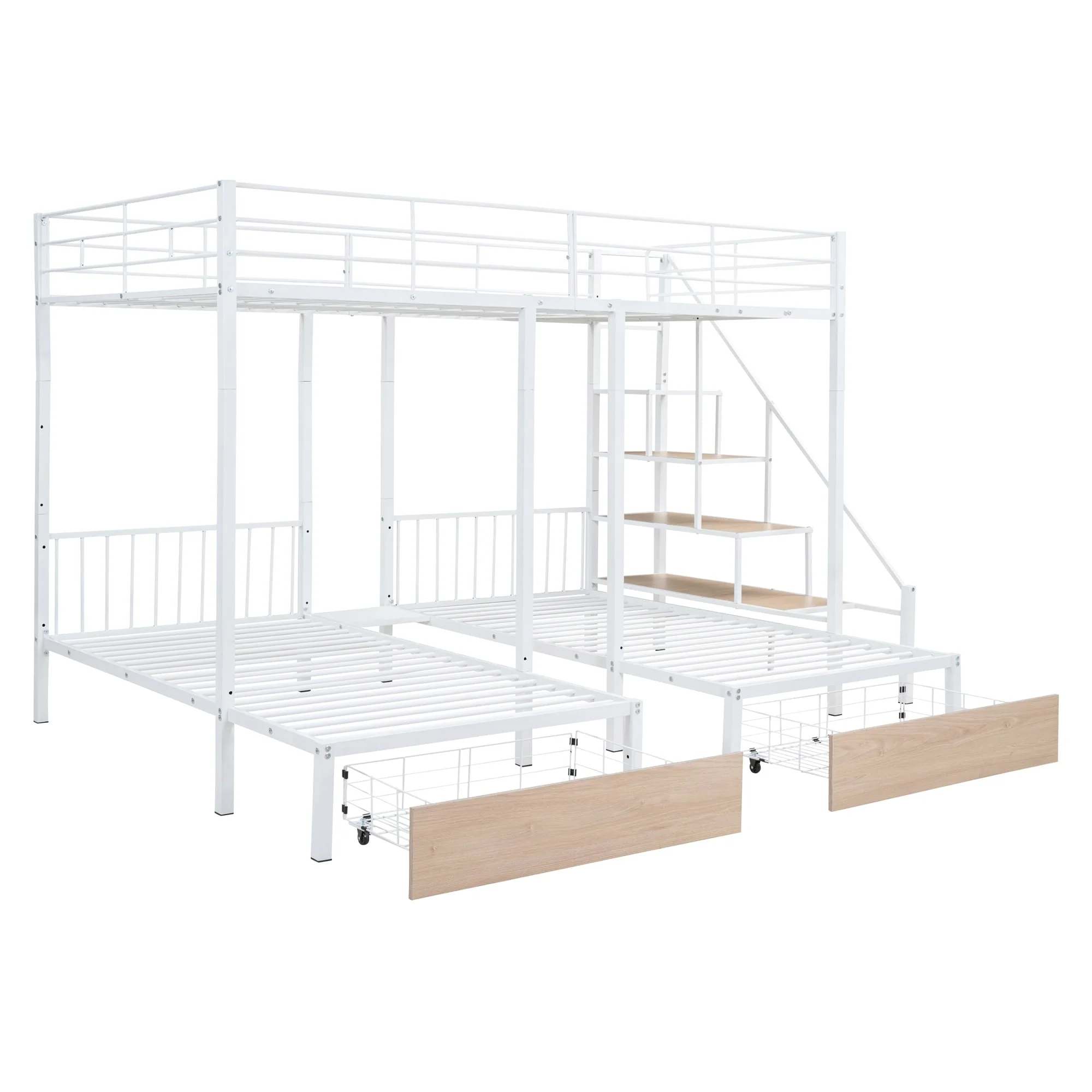 Bellemave Triple Bunk Bed with Stairs, Metal Full over Twin Twin Bunk Bed with Storage Drawers, Heavy Duty Bunk Bed for 3 Kids, Teens, Boys Girls (White) Image 3