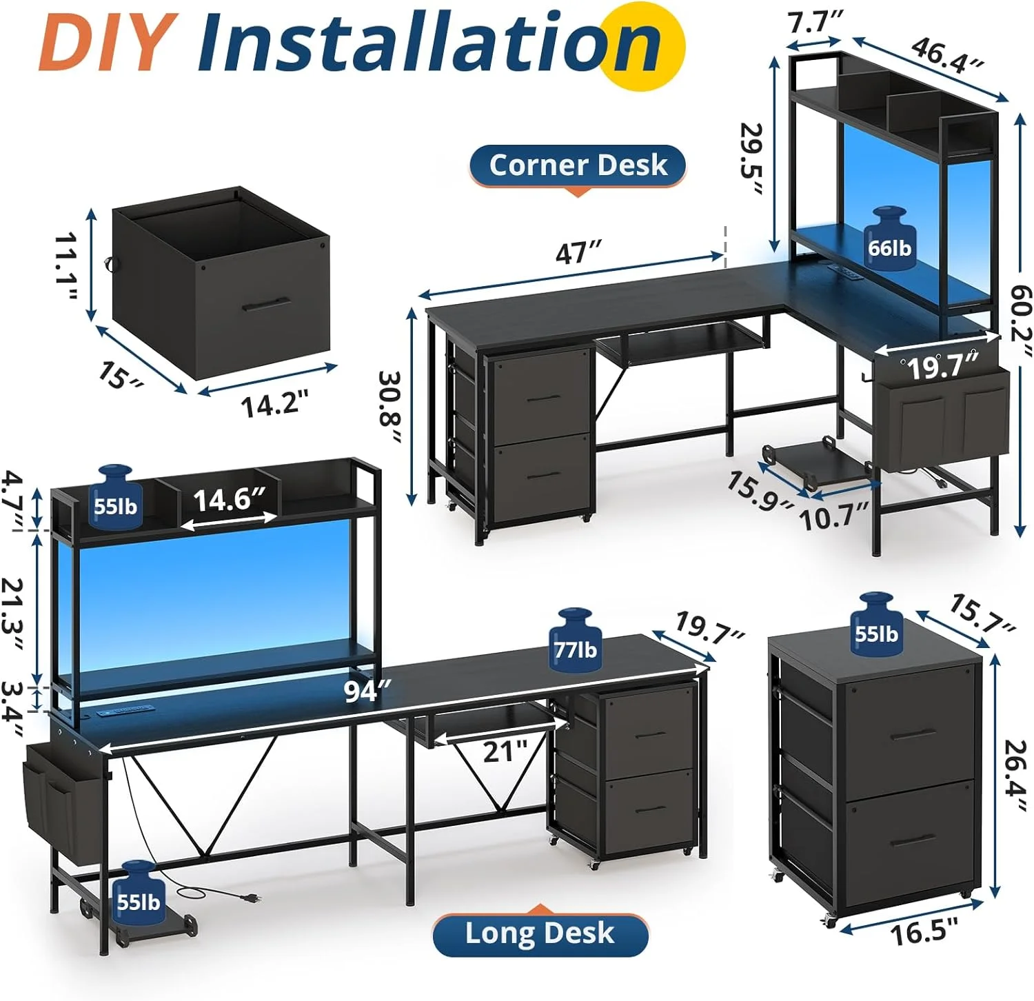 L Shaped Computer Desk with Power Outlet and LED Strip, Reversible Corner Gaming Desk with 2 Drawer and Keyboard Tray, Black - Image 6