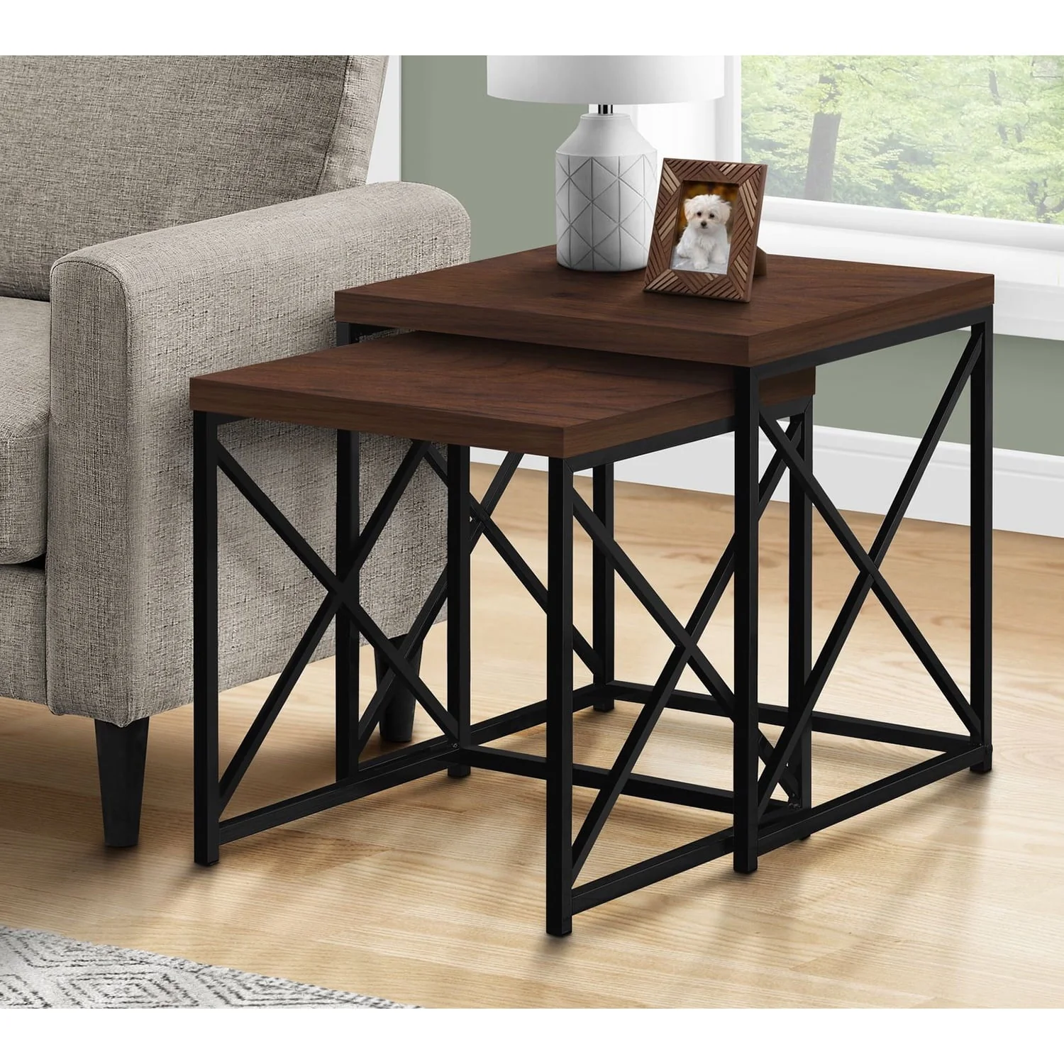 Monarch Specialties 2 Piece Square Metal Nesting Table Set, Cherry/Black(Brown) Image 5