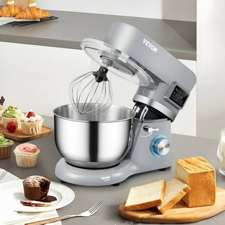 VEVOR Stand Mixer, 660W Electric Dough Mixer with 6 Speeds LCD Screen Timing, Tilt-Head Food Mixer with 5.8 qt Stainless Steel Bowl, Dough Hook, Flat