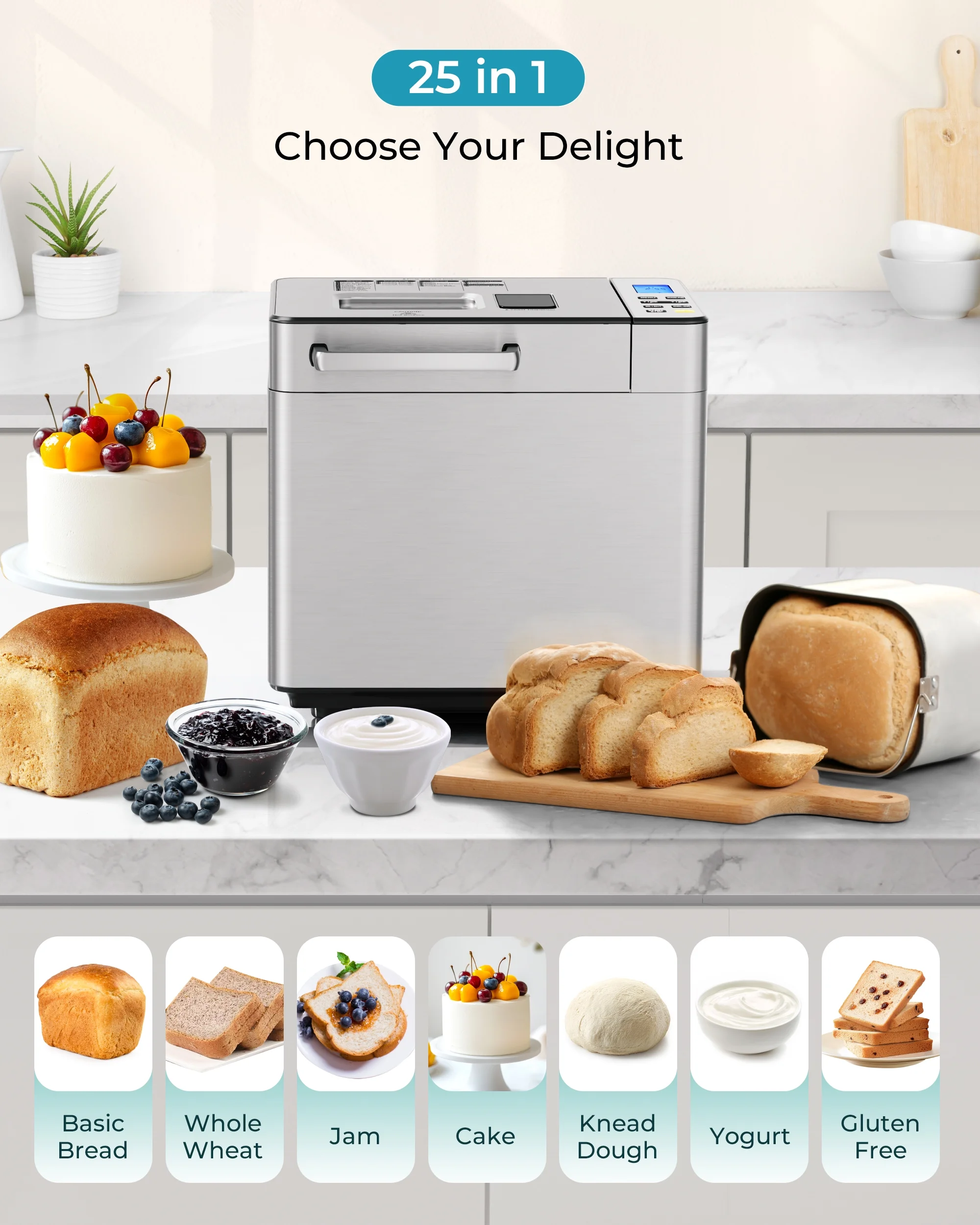 25-in-1 Bread Maker Machine, 2LB Capacity for Dough Bread with Automatic Fruit and Nut Dispenser, Stainless Steel Construction(25 in 1) - Image 2
