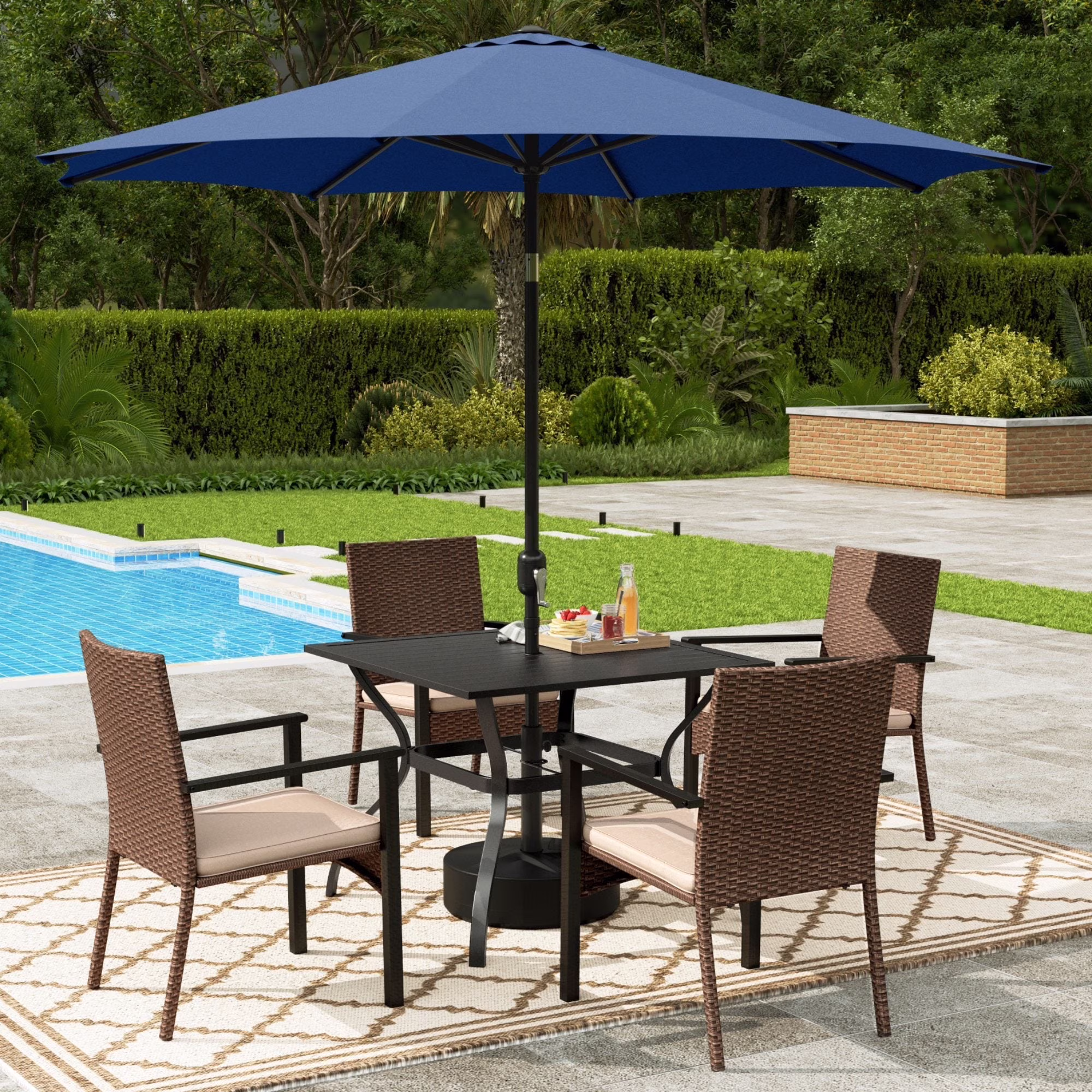 8-Piece Outdoor Patio Dining Set with 13 ft Umbrella, Rattan Chairs Rectangle Table Set for 6, Beige Umbrella(8Pcs-Black/Beige) - Image 7