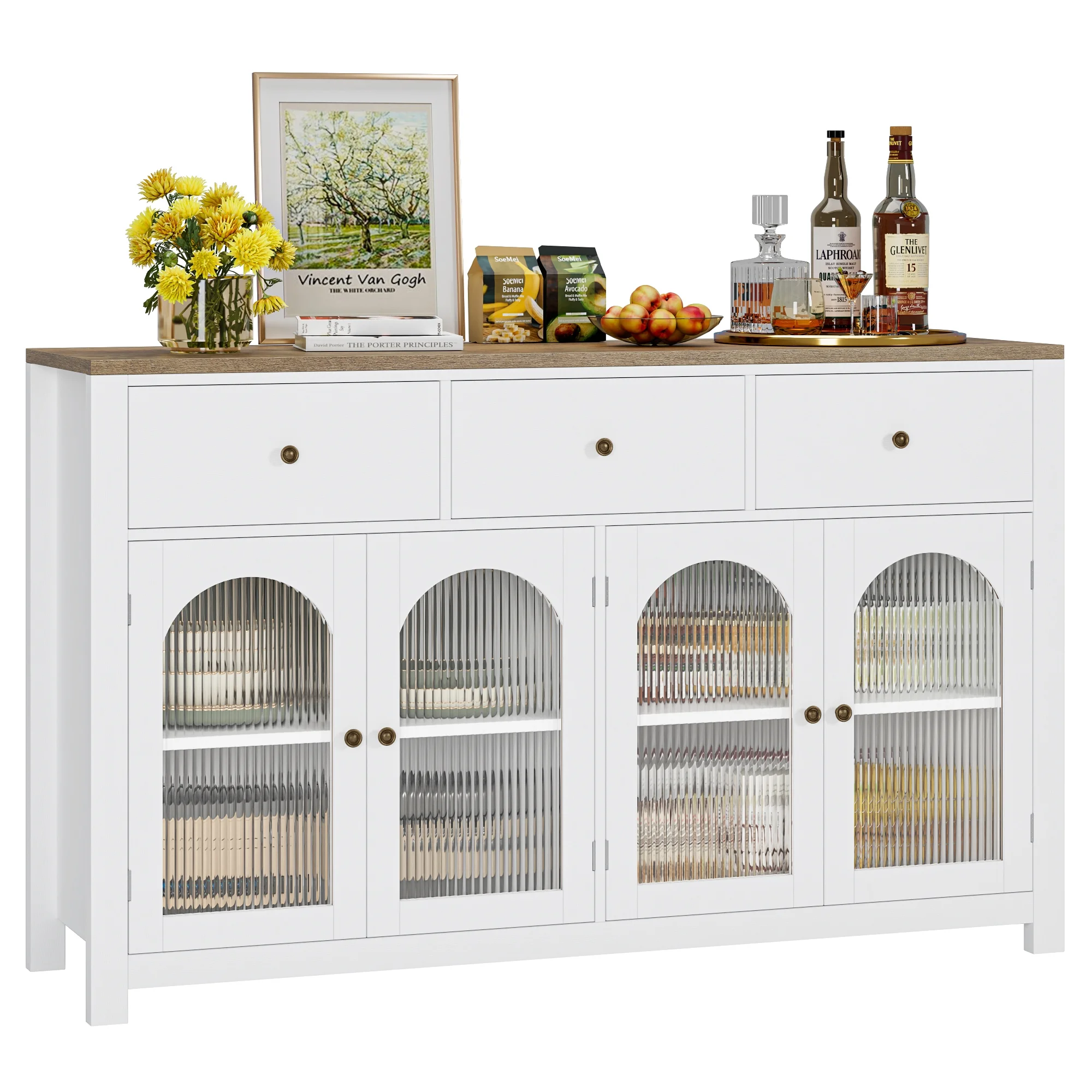 55'' Large Sideboard Buffet Cabinet, Kitchen Storage Cabinet with 3 Drawers and 4 Glass Doors, Wood Coffee Bar Cabinet for Living Room, White(White) - Image 9