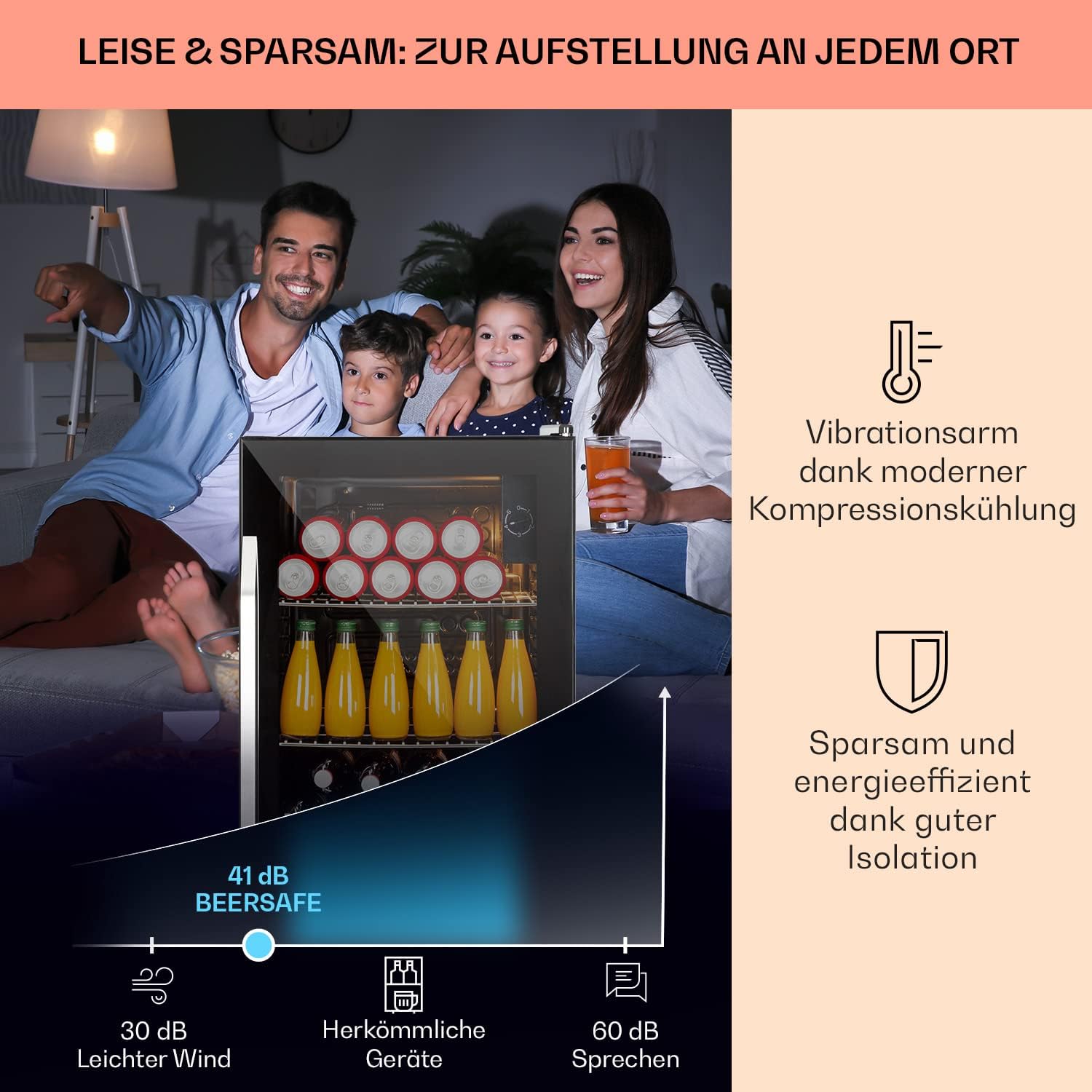 Klarstein Mini Koelkast met Glazen Deur voor Kamer, Drankenkoelkast met Verstelbare Planken, Klein 80 Liter, Indoor/Outdoor Koelkast Stil