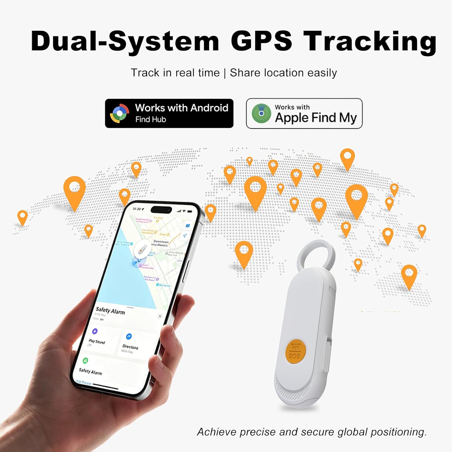 Personal Safety Alarm, GPS Tracker Keychain with Apple Find My & Google Find My Device, Real Time Location, 120dB Siren & SOS Strobe Light, for Women Kids Seniors, iOS & Android, White