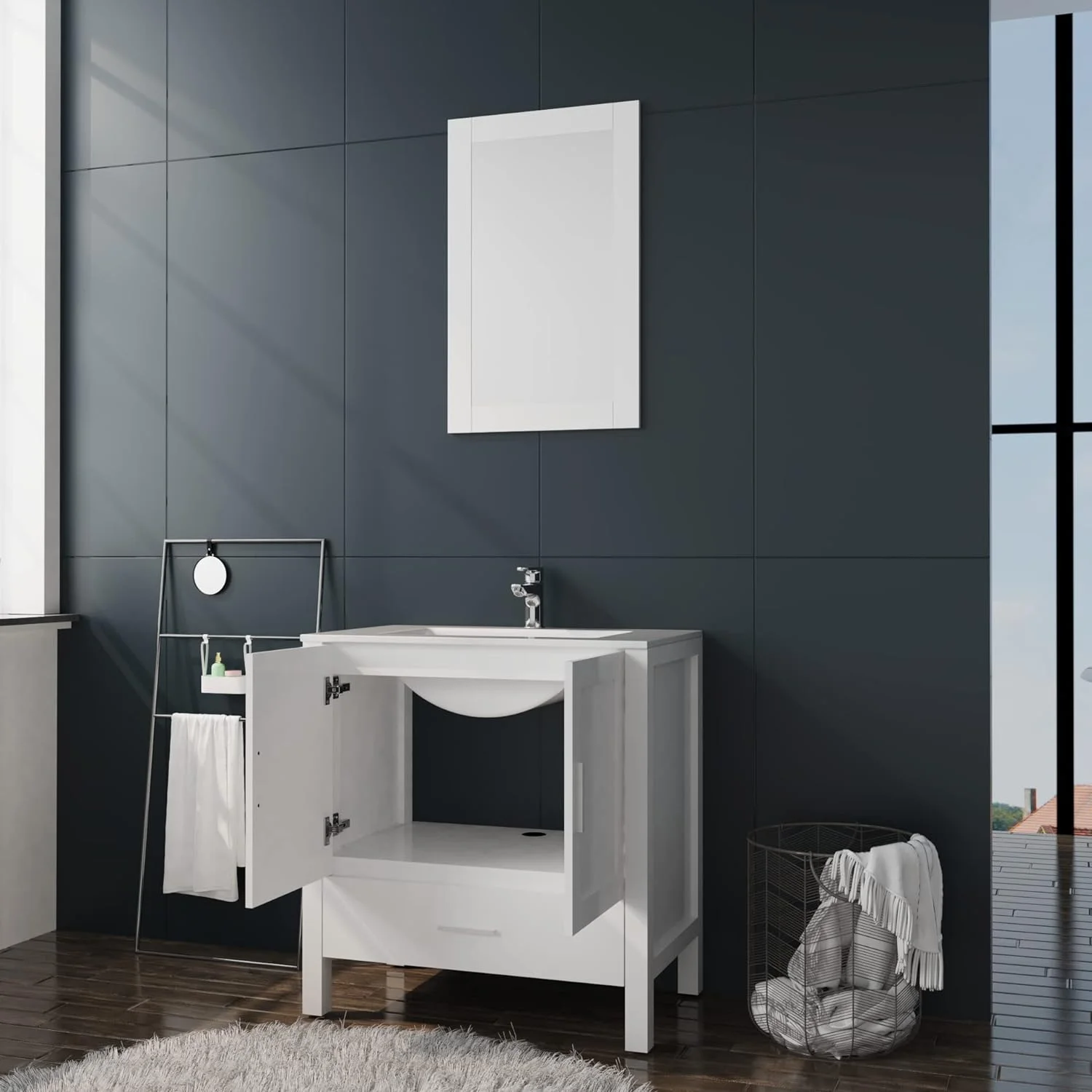 30" White Bathroom Vanity and Sink Combo Modern Drop in Sink Bathroom Cabinet with Mirror and Drain(White) - Image 5
