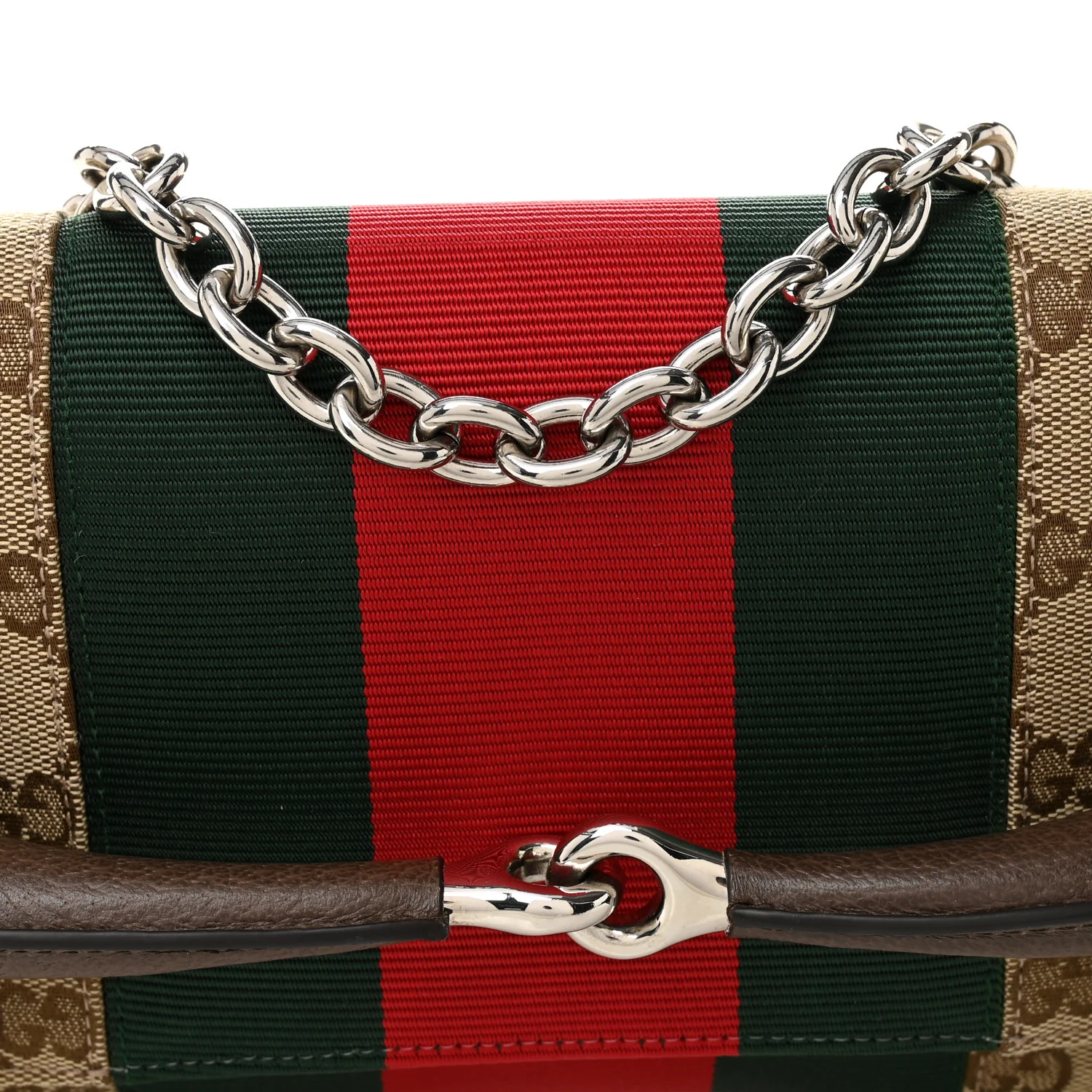 Monogram Textured Dollar Calfskin Heavy Grosgrain Web Medium Maxi Horsebit Chain Shoulder Bag Beige Ebony New Acero