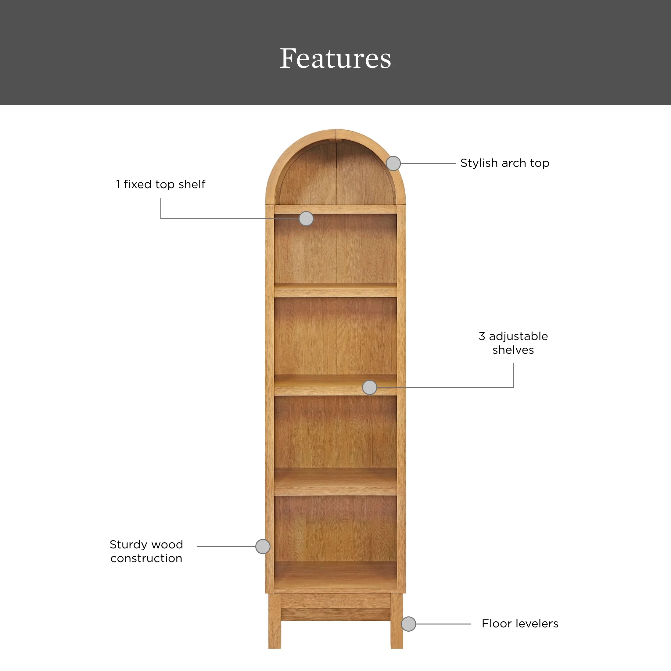 Better Homes & Gardens Juliet Narrow Arch Bookcase, Rich Black and Light Honey