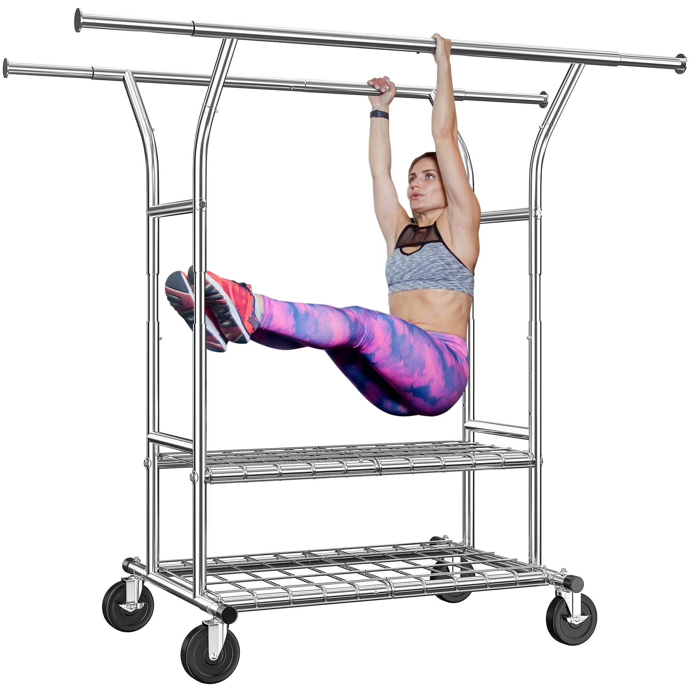 Clothes Rack with Wheels, Heavy - Duty Garment Rack for Hanging Clothes, Adjustable Freestanding Wardrobe Organizers and Storage with Double Sheves