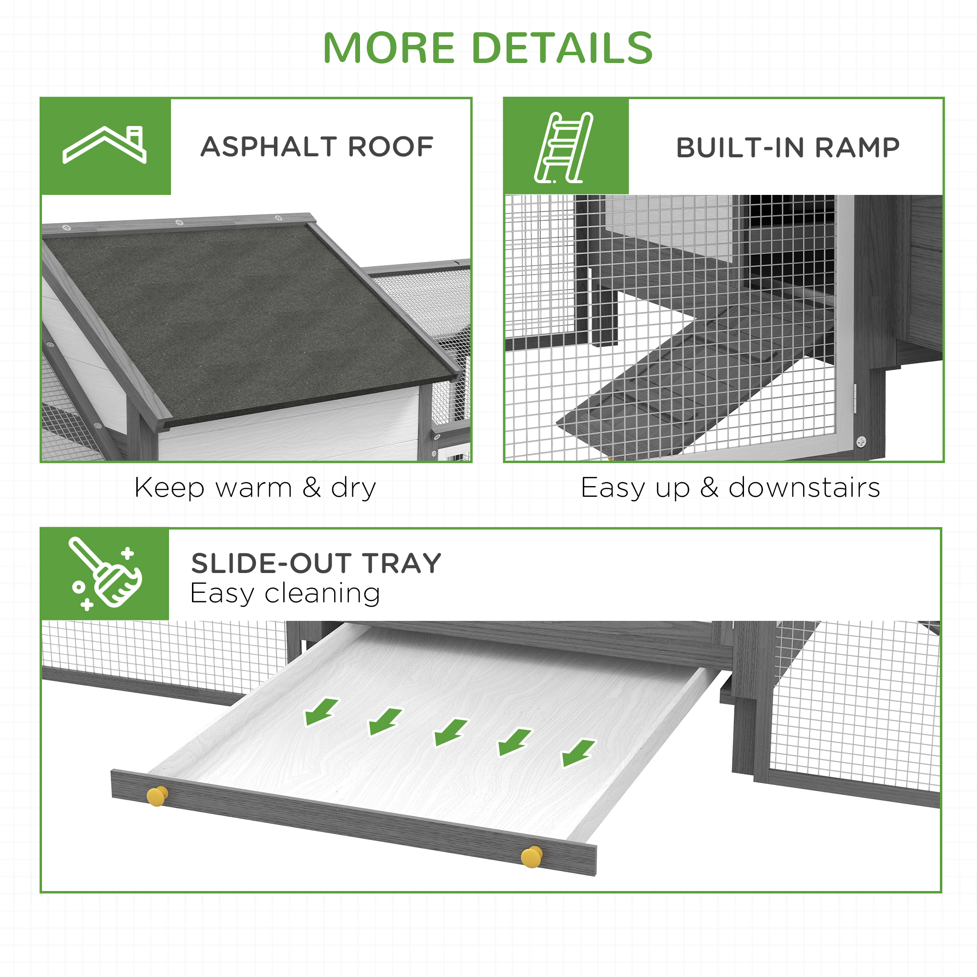 PawHut Kippenhok Konijnenhok 2 Buitenkooien, 1 Nestkast, 2 Ramps, Asfaltdak, Weerbestendig, Grijs