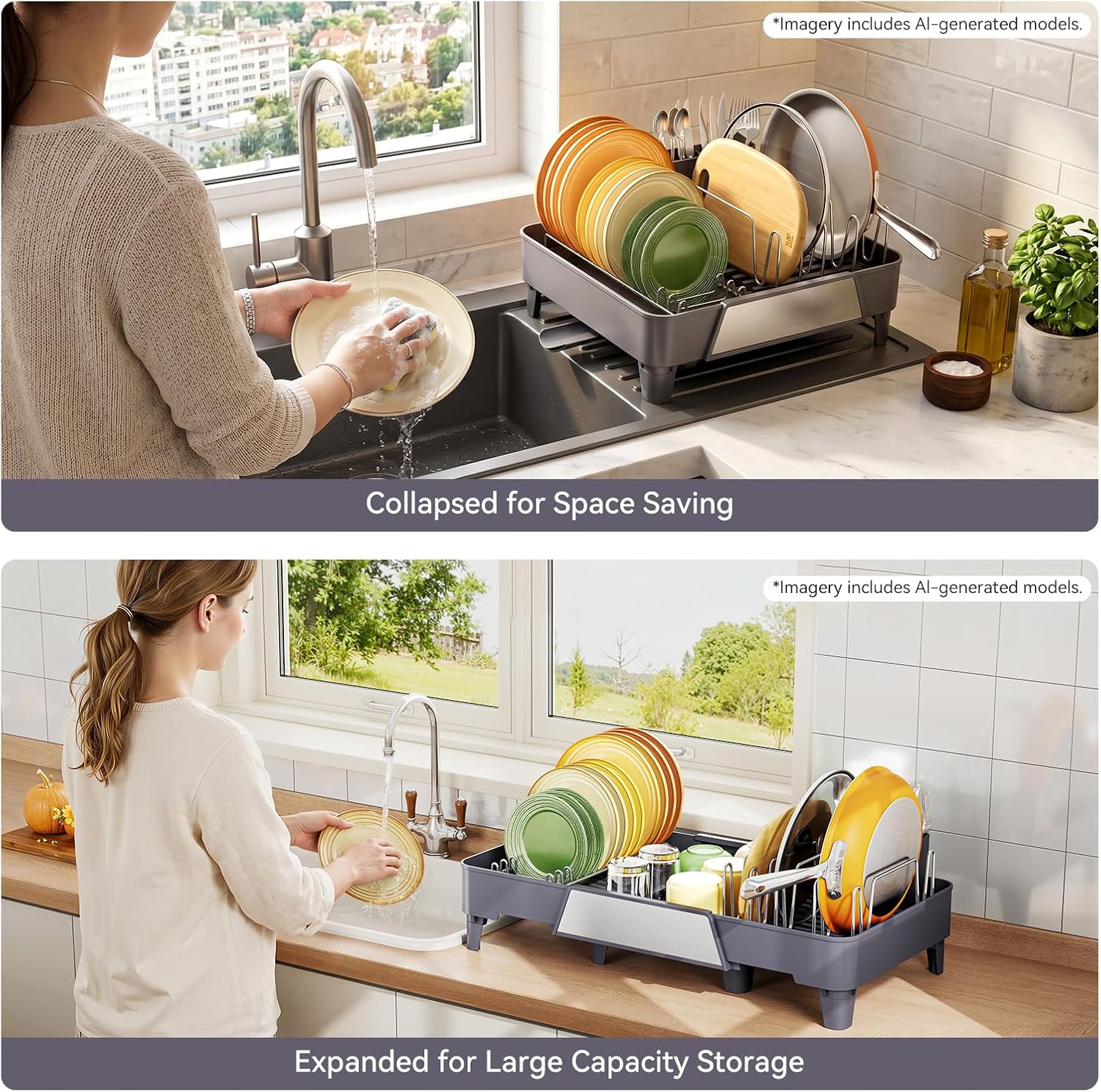 Urackify Large Dish Drying Rack, Expandable Dish Drainer, Gray