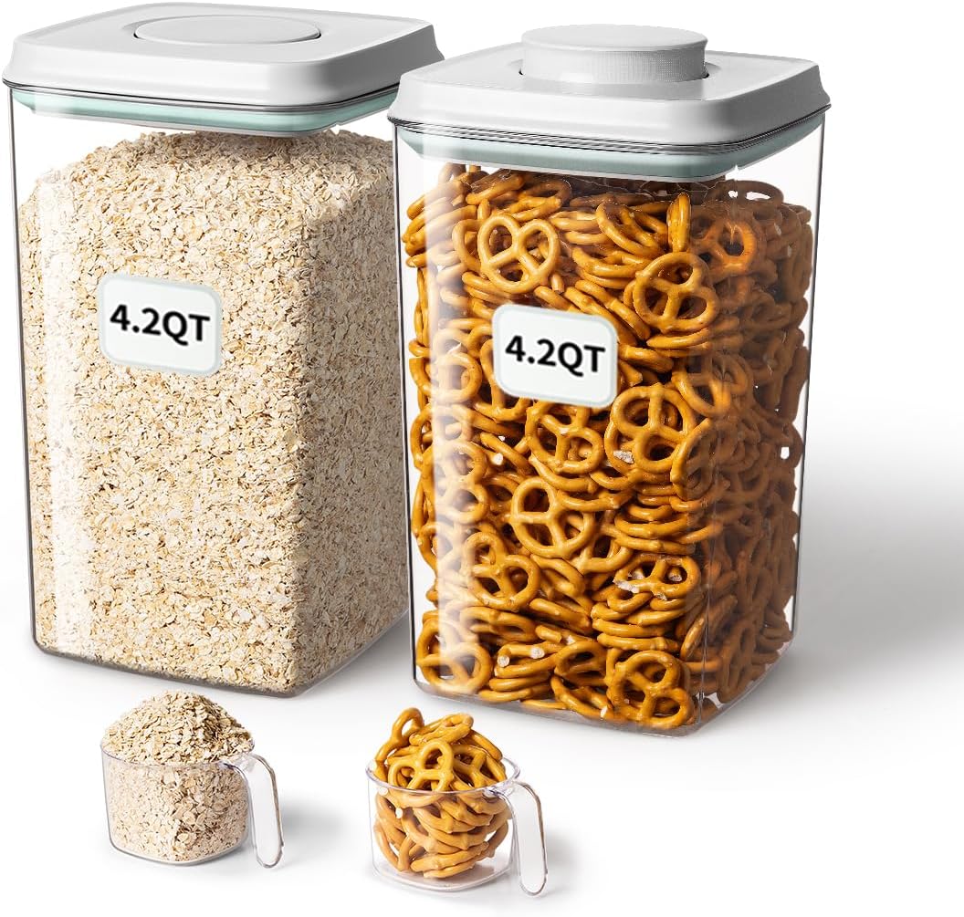 Ankou Airtight Food Storage Container with Pop Lid & 130ml Scoop, 4L/4.2qt *2 BPA-Free Cereal, Rice, Flour, Pasta & Snack Container, Stackable & Durable, Kitchen Pantry Organizer
