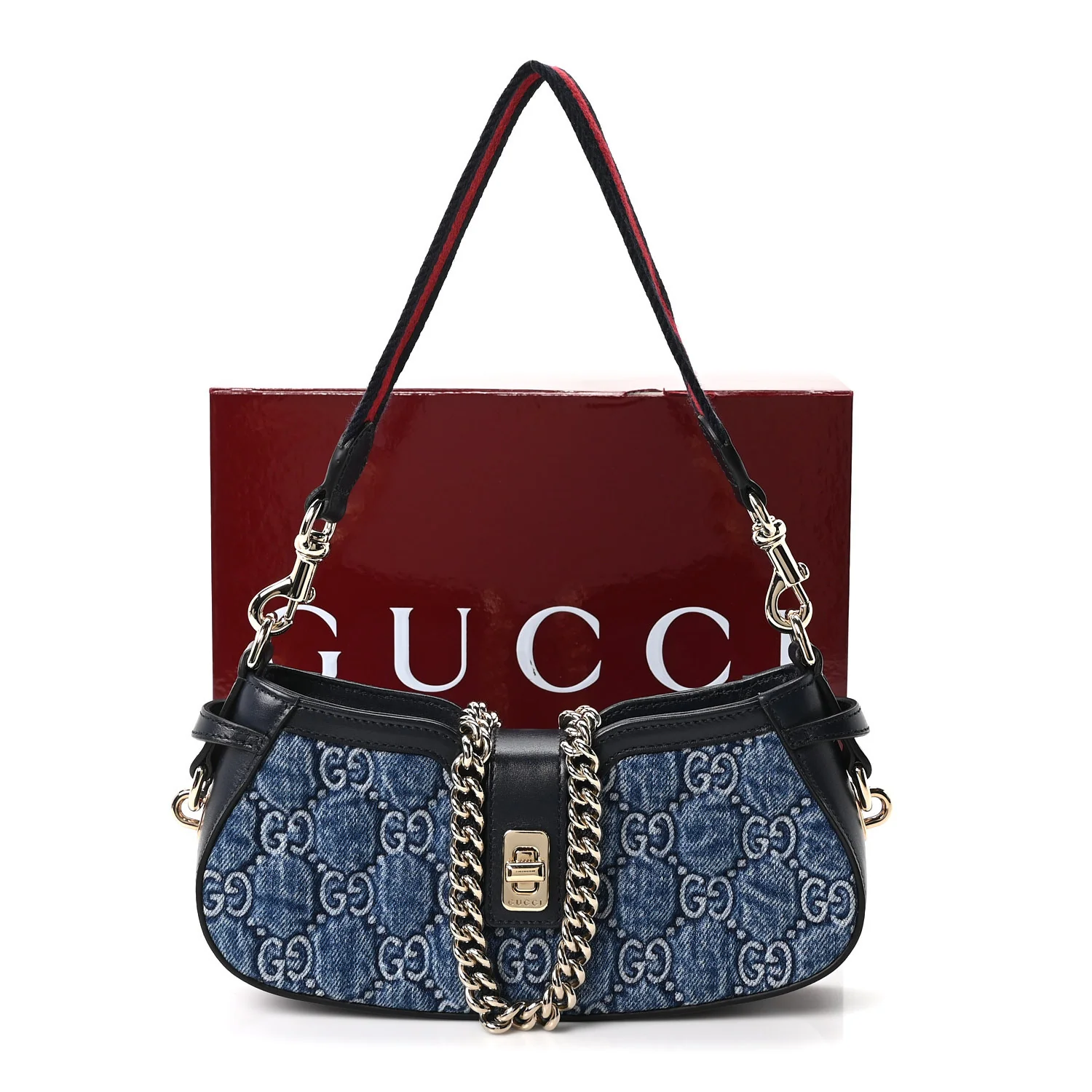 Denim GG Monogram Mini Moon Side Shoulder Bag Blue