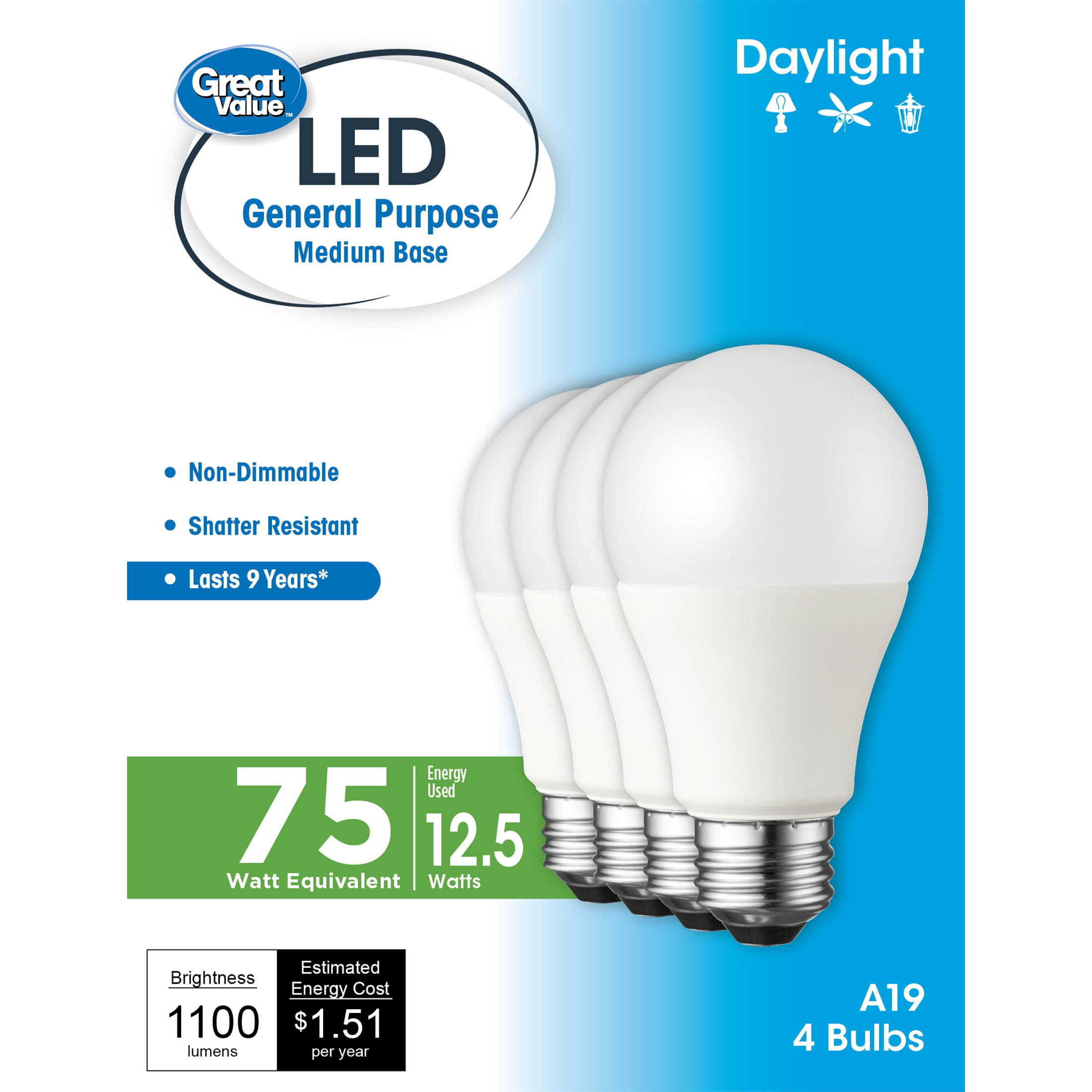 Great Value LED Light Bulb, 12.5 Watts (75W Equivalent) A19 General Purpose E26 Medium Base, Non-Dimmable, Daylight, 4-Pack