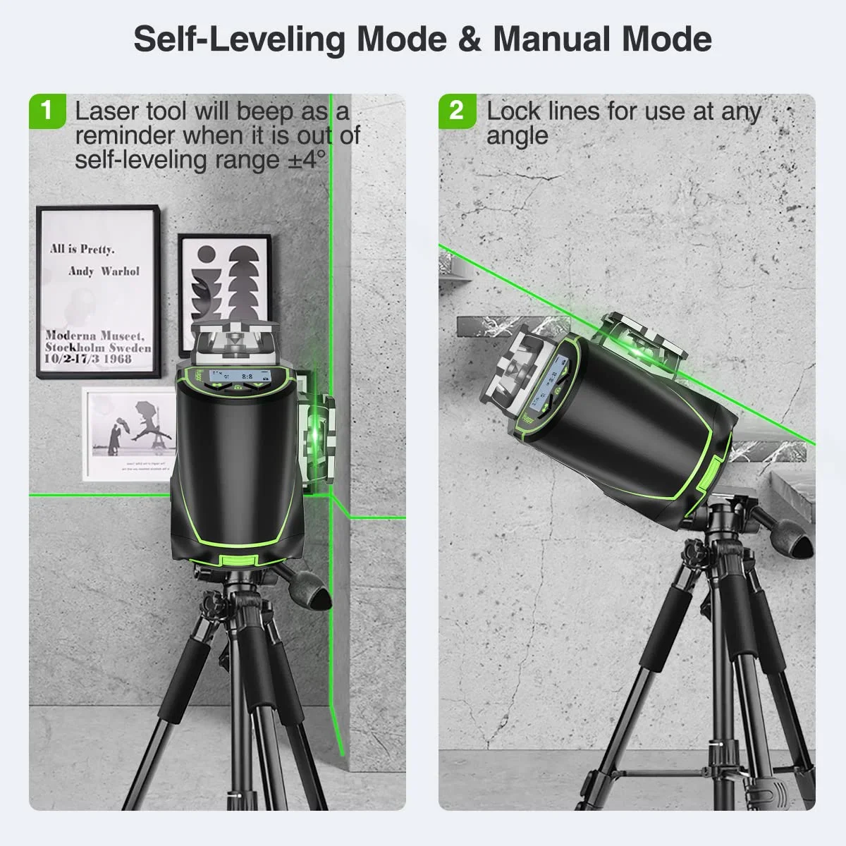 4D 16 Lines Self-Leveling Laser Level, 200Ft Green Beam 4 x 360° Cross Line Laser Level Tools with LCD Screen, Bluetooth and Magnetic Bracket
