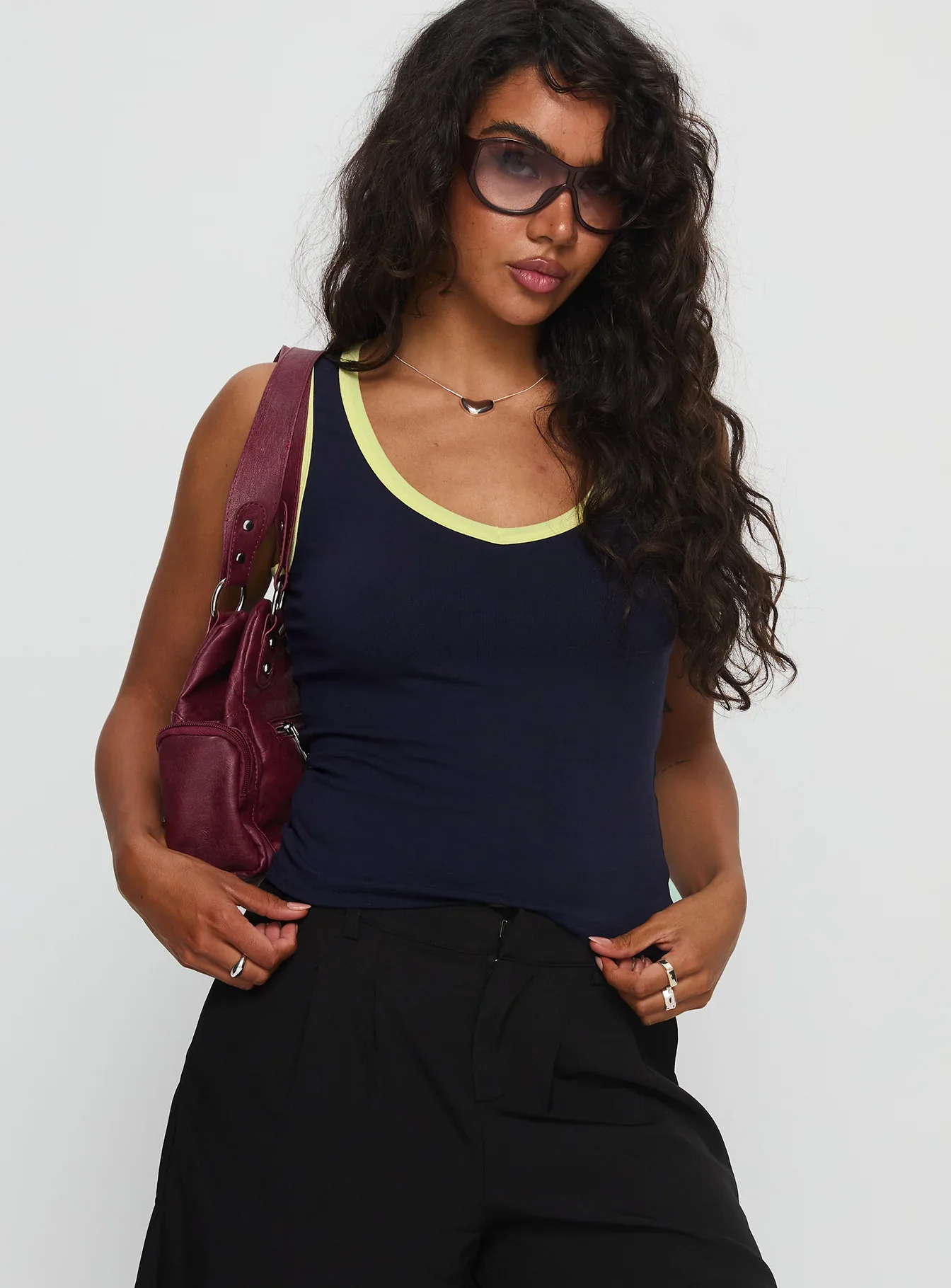 Elionne V Neck Contrast Top Navy Yellow