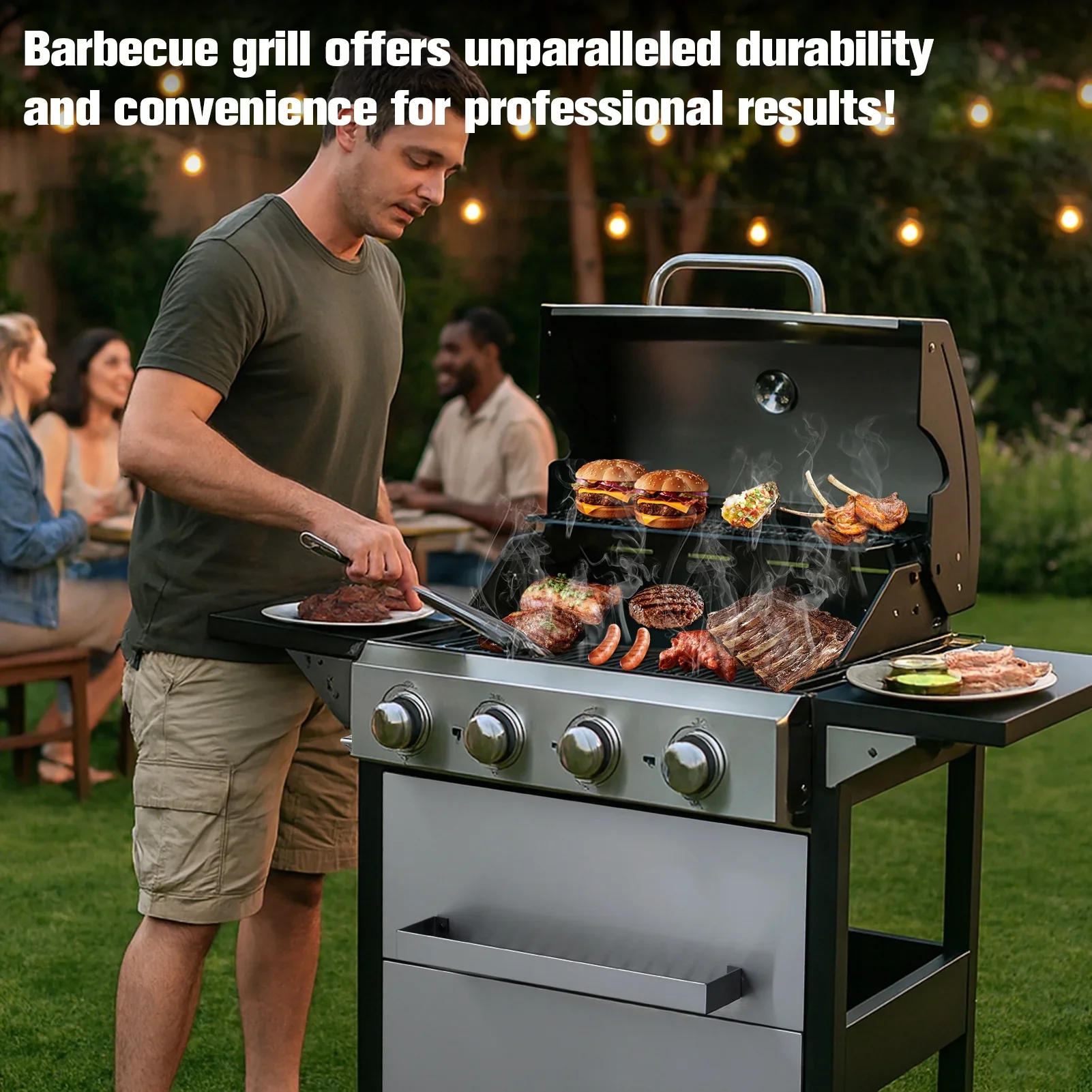 CIG GARDEN-US 4-Burner Propane Gas Grill, Propane Gas BBQ Grill with Porcelain-Enameled Grates,42,000 BTU Powerful Barbecue Grill with 2 Foldable Side Tables for Outdoor Barbecue Cooking