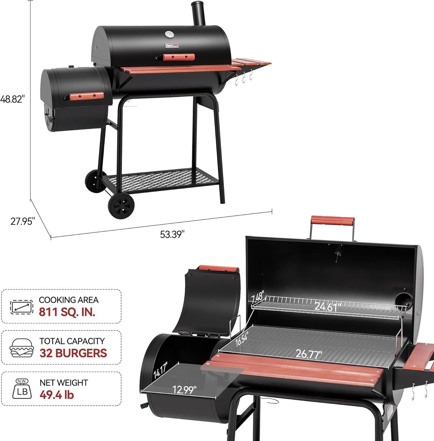 Royal Gourmet CC1830W 30-Inch Charcoal Grill with Offset Smoker and Wood-Painted Side Table Outdoor Smoker Grill with 811 Sq. In. Cooking Area for Outdoor Barbecue Event Black