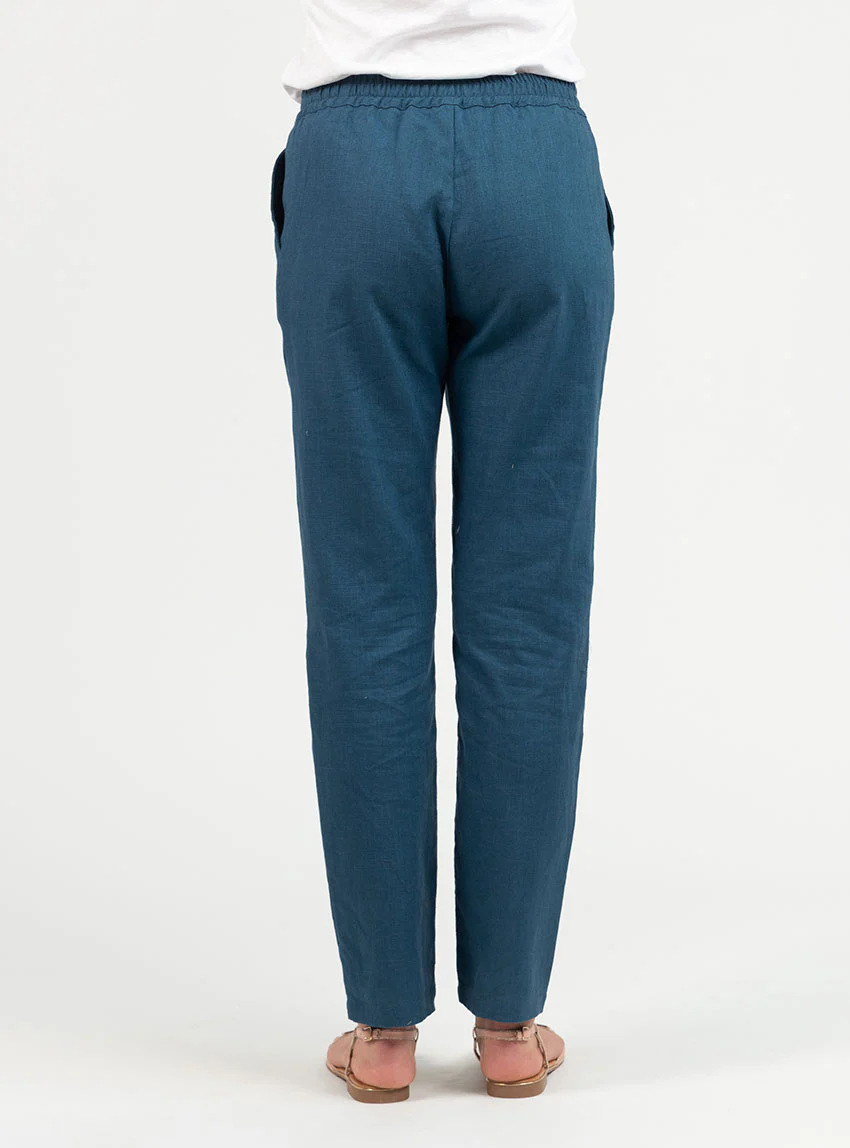 Pantalon femme en lin et coton bleu paon