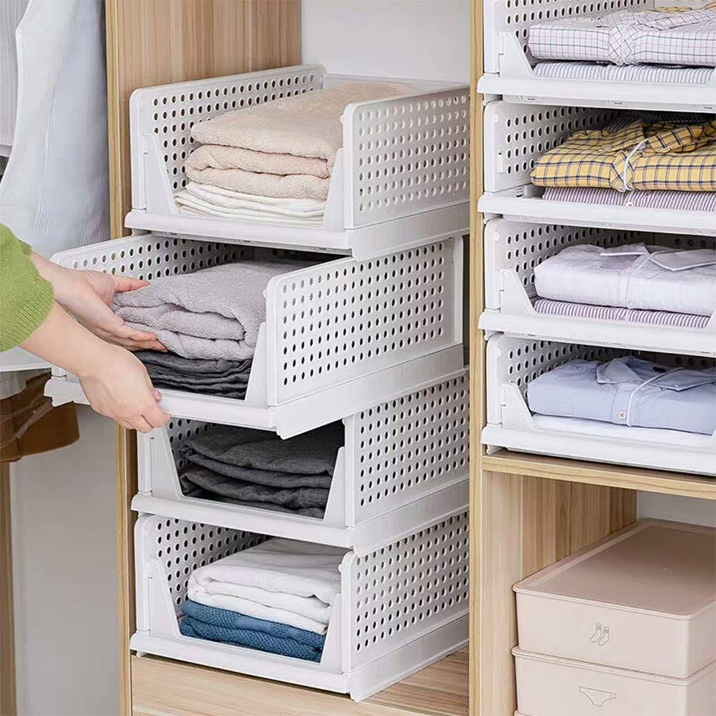 Phyllia 4 Pack Closet Basket Shelf Storage Bins Plastic Super Large Capacity Collapsible Kid Toy Rack White for Kitchen Cabinets Pantry Offices Bedrooms