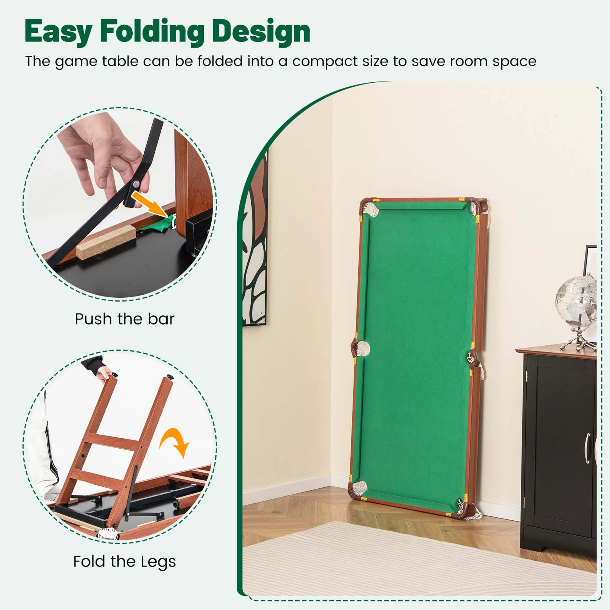 Folding Pool Table Set with Foldable Legs Adjustable Foot Levelers 2 Cues 2 Chalks - Image 10