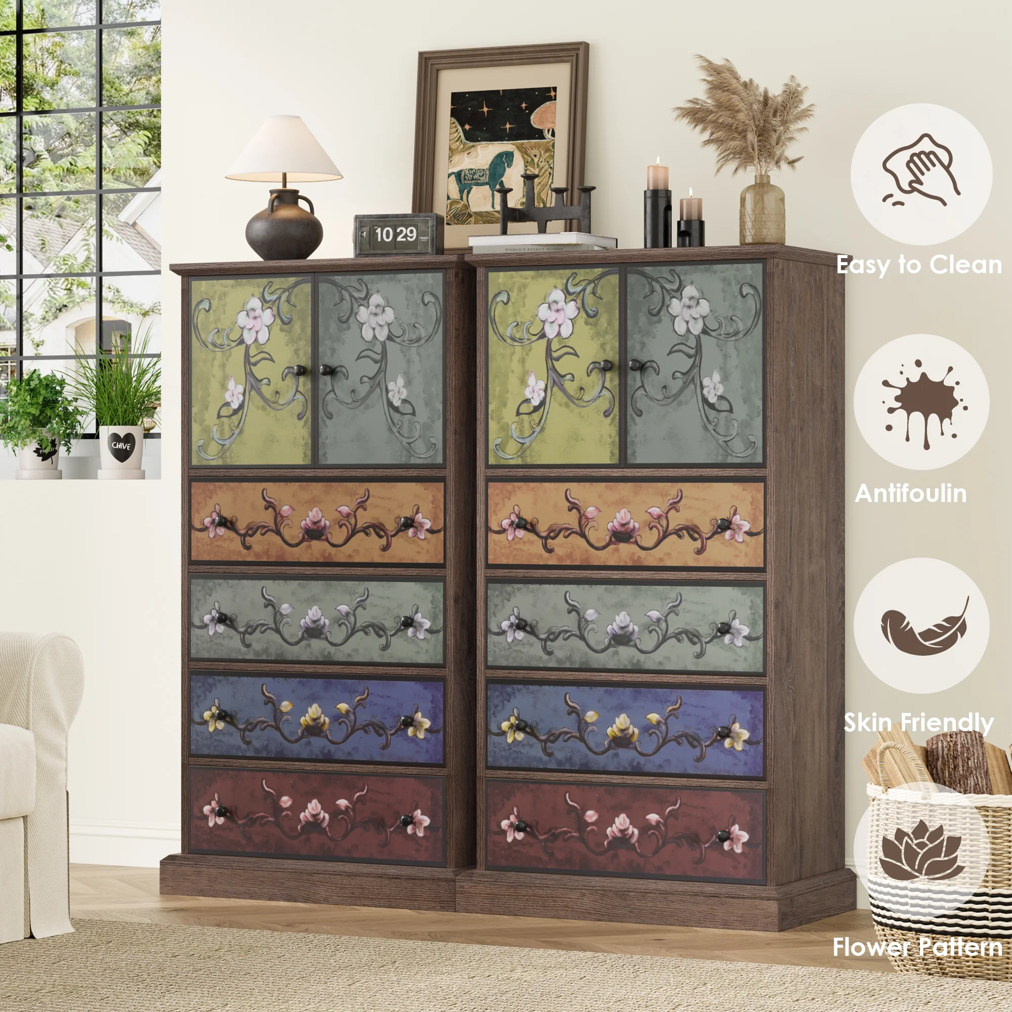 Homfa 50 Tall Dresser with 4 Drawers, Boho Vintage Dresser with 2 Doors, Wood Drawers Chest for Bedroom Living Room Entryway
