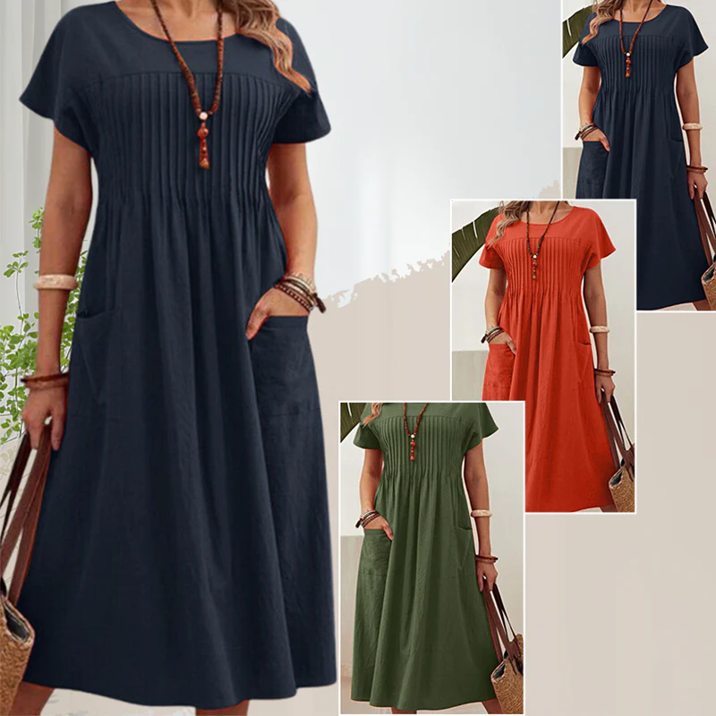 Robe mi-longue plissée à manches courtes avec poches