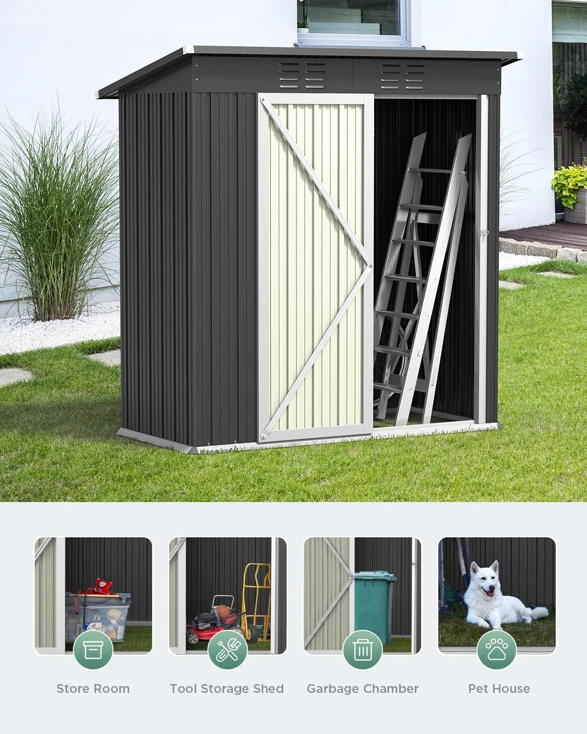5' x 3' Outdoor Storage Shed, Metal Outdoor Storage Cabinet with Single Lockable Door, Waterproof Tool Shed,Gray(Gray) - Image 6