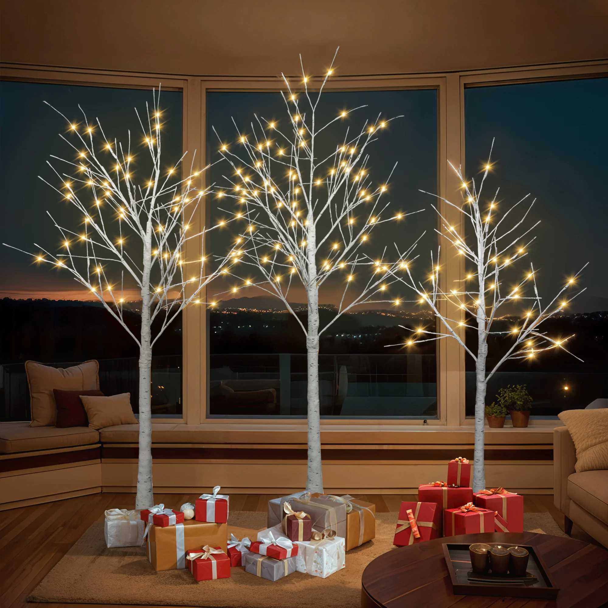 AECOJOY Set of Lighted Birch Tree, 4FT/5FT/6FT LED Artificial Tree with Warm White Lights, Christmas Tree for Decoration
