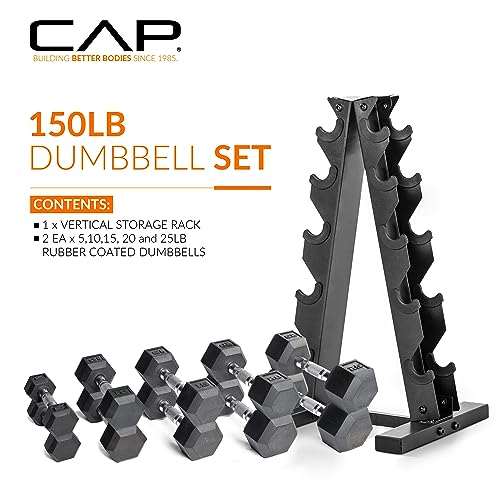 Ensemble d'haltères hexagonales revêtues CAP Barbell 2025 de 68 kg (150 lb) avec support vertical, noir