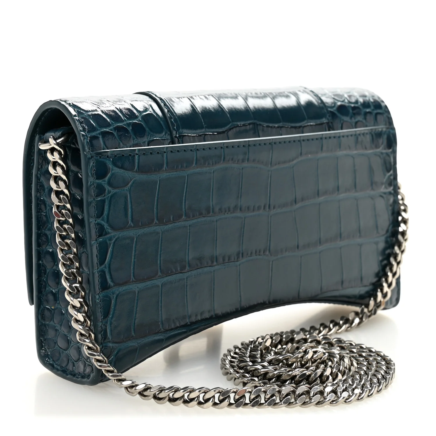 Shiny Calfskin Crocodile Embossed Hourglass Chain Bag Dark Petrol Blue