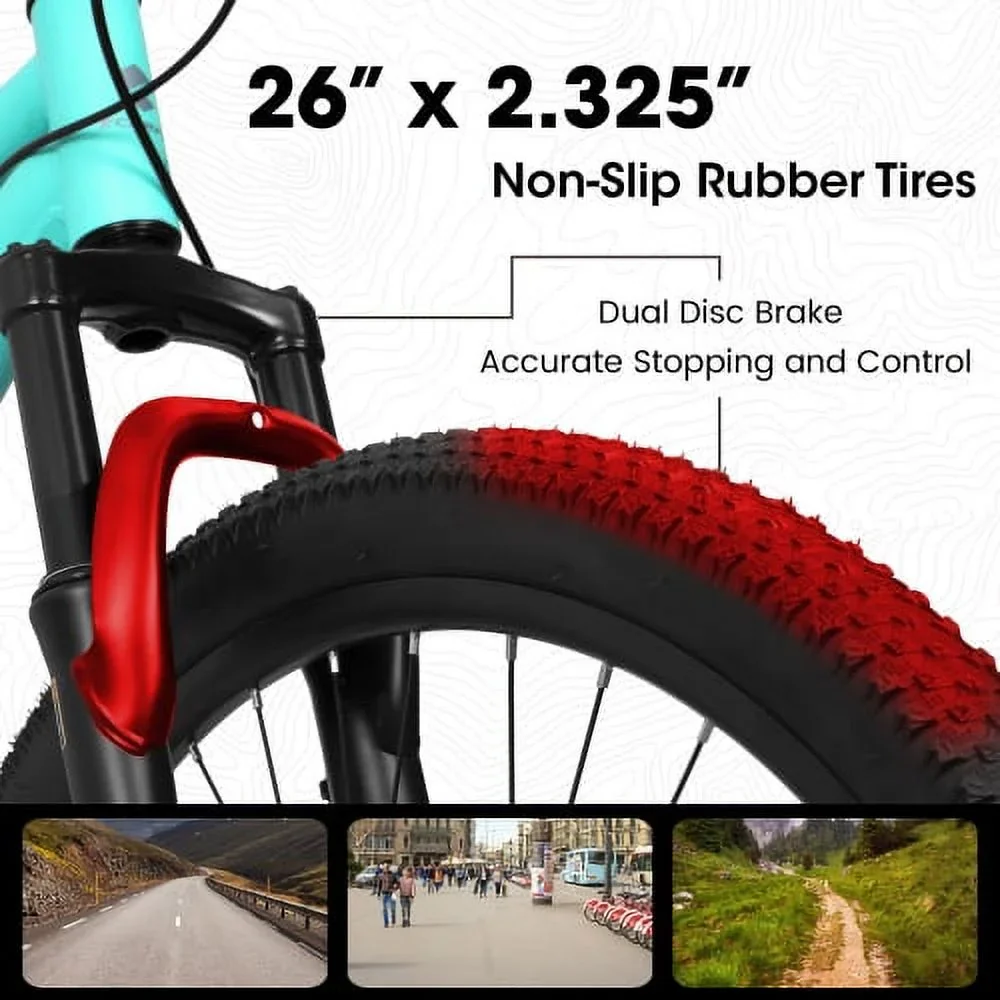 Raistyw 26 inch Mountain Bike for Adult, Shimano 21-Speed Steel Frame Bicycle with Disc Brakes and Shock Fork, Blue and Green
