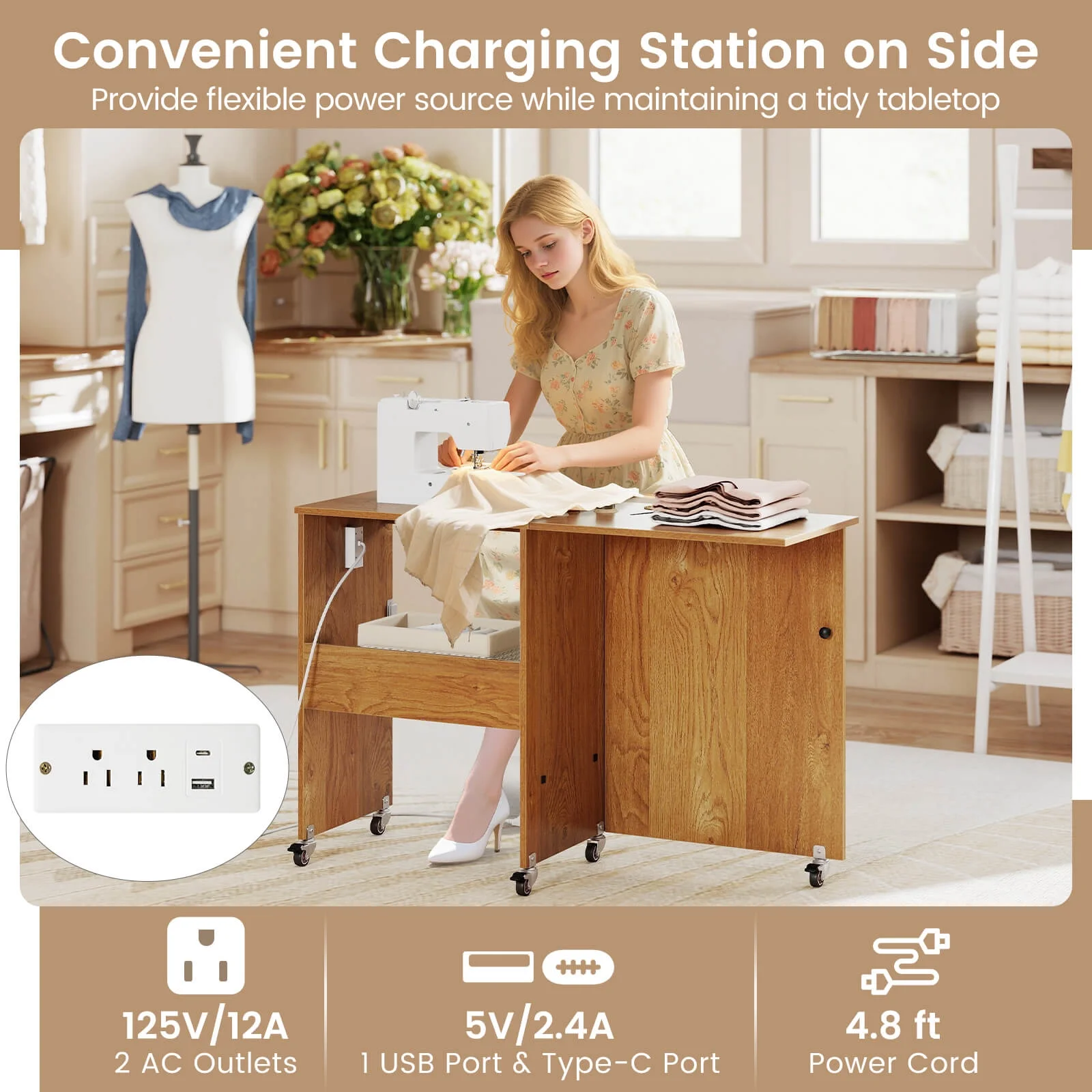 Folding Sewing Table Rolling Craft Station with 3 Storage Bins Charging Station Natural(Natural) - Image 9