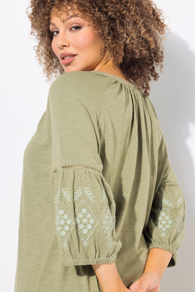 Embroidered Sleeve Split Neck Jersey Dress