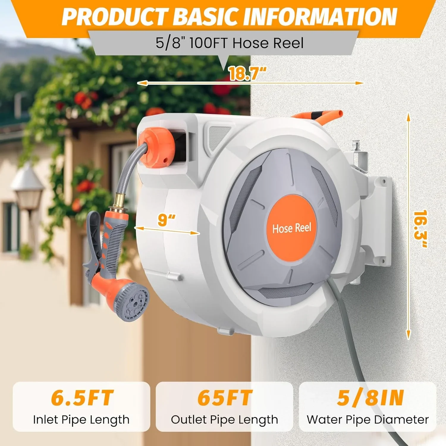 Auto-Retract Wall-Mounted Garden Hose Reel w/9-Pattern Nozzle, 180�� Swivel & Any-Length Lock, 600PSI Durable